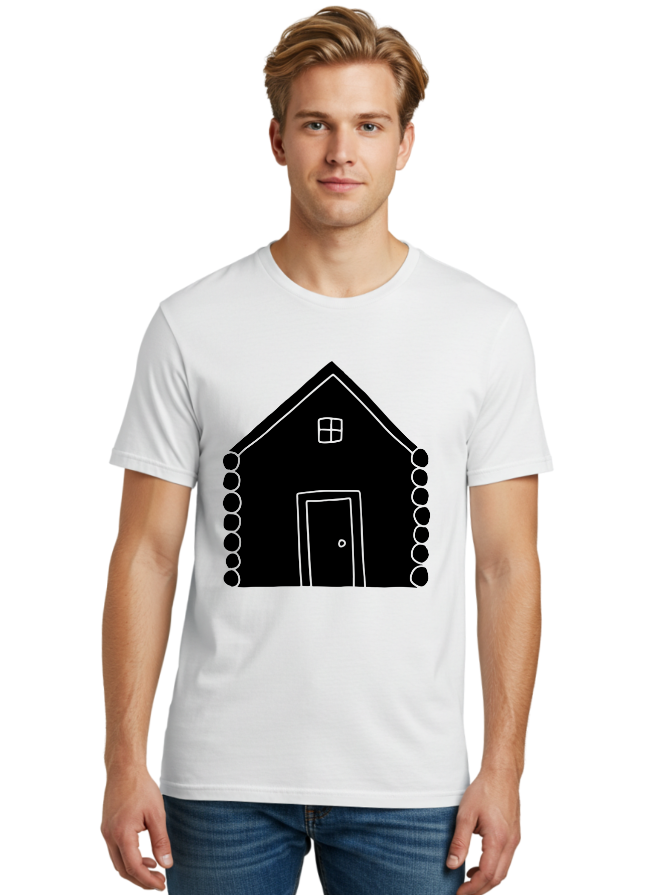 Log-Cabin Men'S Graphic Tee, 100% Cotton, Comfortable Casual Summer Wear, Machine Washable, Simple House Design, Minimalist Architecture, House Outline, Cozy Home, Door And Window, Simple Shapes, Modern Art -  Aaa602 30