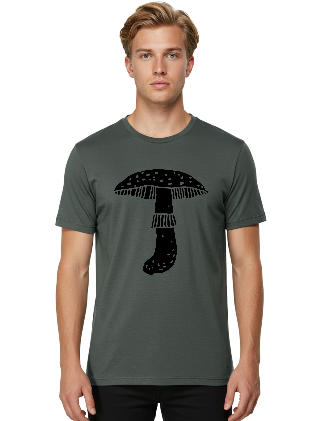 Mushroom-1 Men'S Graphic Tee, 100% Cotton, Comfortable Casual Summer Wear, Machine Washable, Mushroom Illustration, Black Silhouette, Spotted Cap, Striped Stem, Fungal Art, Whimsical Design, Fantasy Elements, Graphic Design -  Aaa605 4