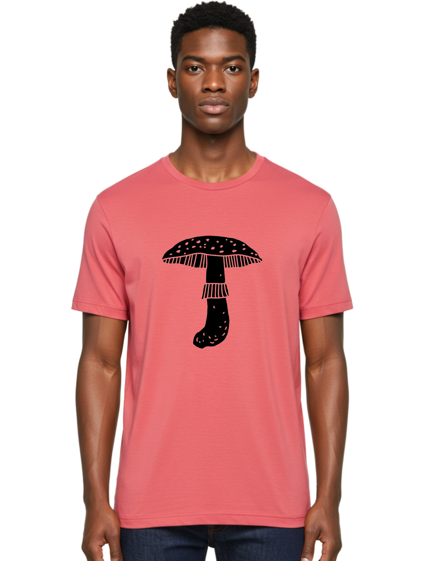 Mushroom-1 Men'S Graphic Tee, 100% Cotton, Comfortable Casual Summer Wear, Machine Washable, Mushroom Illustration, Black Silhouette, Spotted Cap, Striped Stem, Fungal Art, Whimsical Design, Fantasy Elements, Graphic Design -  Aaa605 6