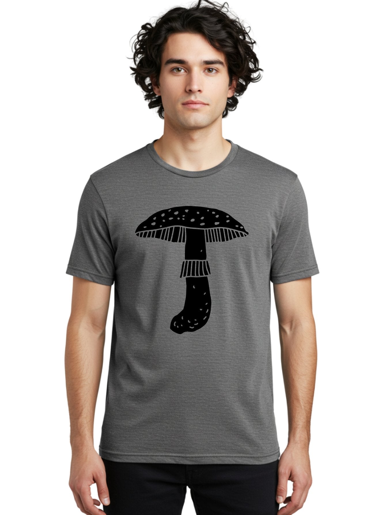 Mushroom-1 Men'S Graphic Tee, 100% Cotton, Comfortable Casual Summer Wear, Machine Washable, Mushroom Illustration, Black Silhouette, Spotted Cap, Striped Stem, Fungal Art, Whimsical Design, Fantasy Elements, Graphic Design -  Aaa605 23