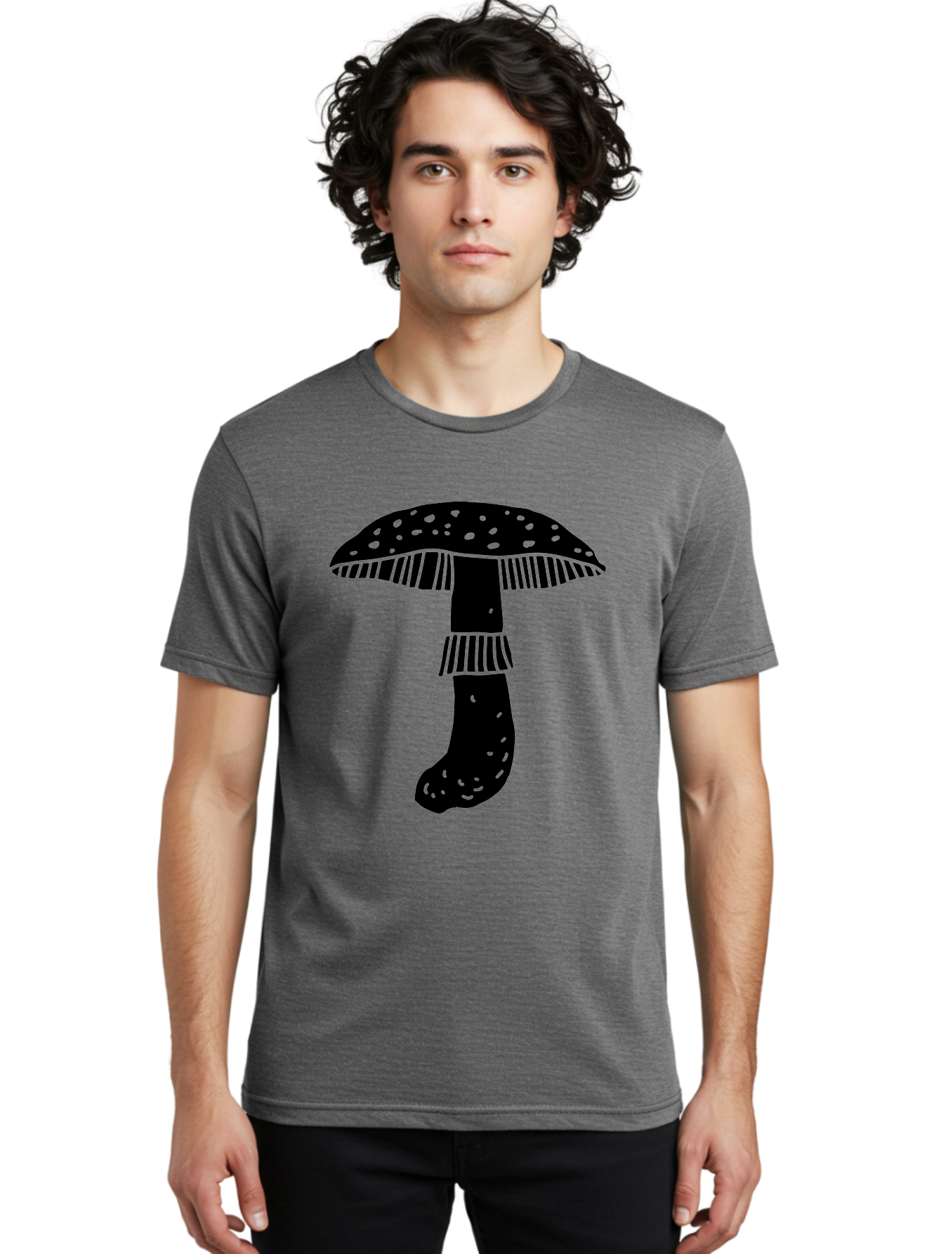 Mushroom-1 Men'S Graphic Tee, 100% Cotton, Comfortable Casual Summer Wear, Machine Washable, Mushroom Illustration, Black Silhouette, Spotted Cap, Striped Stem, Fungal Art, Whimsical Design, Fantasy Elements, Graphic Design -  Aaa605 10
