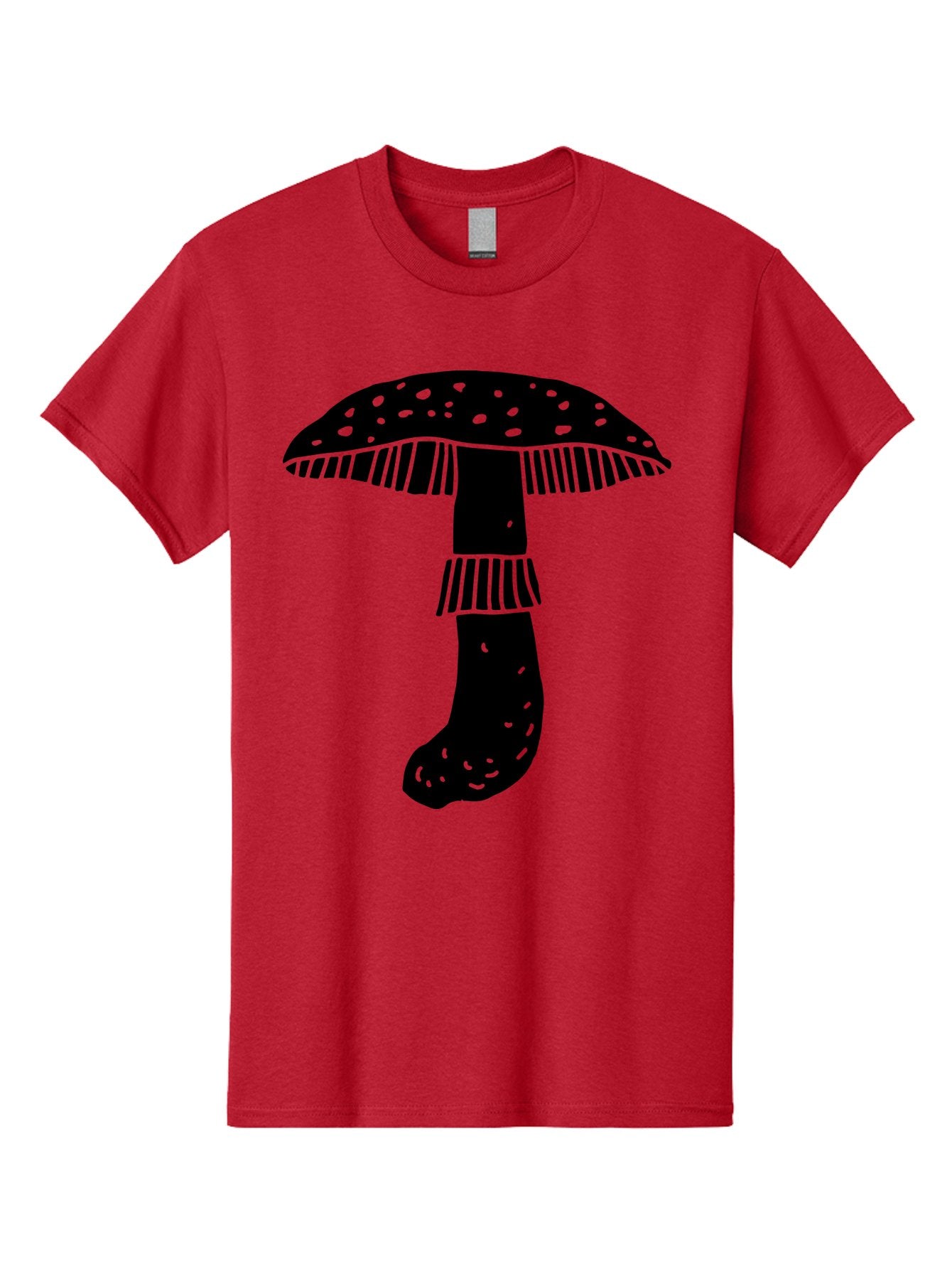 Mushroom-1 Men'S Graphic Tee, 100% Cotton, Comfortable Casual Summer Wear, Machine Washable, Mushroom Illustration, Black Silhouette, Spotted Cap, Striped Stem, Fungal Art, Whimsical Design, Fantasy Elements, Graphic Design -  Aaa605