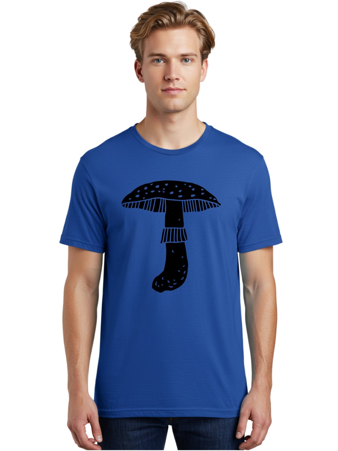 Mushroom-1 Men'S Graphic Tee, 100% Cotton, Comfortable Casual Summer Wear, Machine Washable, Mushroom Illustration, Black Silhouette, Spotted Cap, Striped Stem, Fungal Art, Whimsical Design, Fantasy Elements, Graphic Design -  Aaa605 16