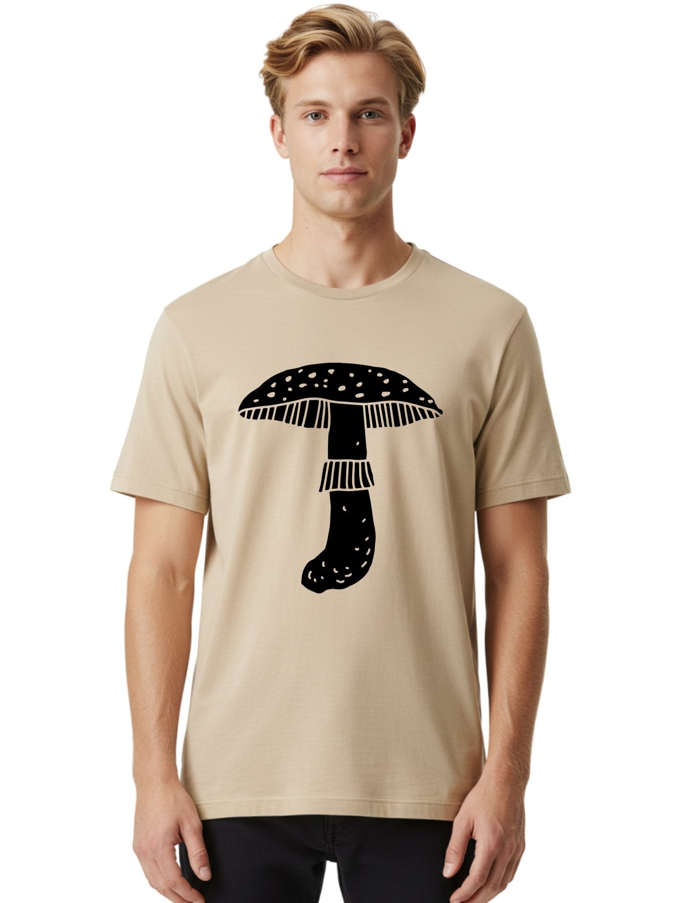 Mushroom-1 Men'S Graphic Tee, 100% Cotton, Comfortable Casual Summer Wear, Machine Washable, Mushroom Illustration, Black Silhouette, Spotted Cap, Striped Stem, Fungal Art, Whimsical Design, Fantasy Elements, Graphic Design -  Aaa605 26