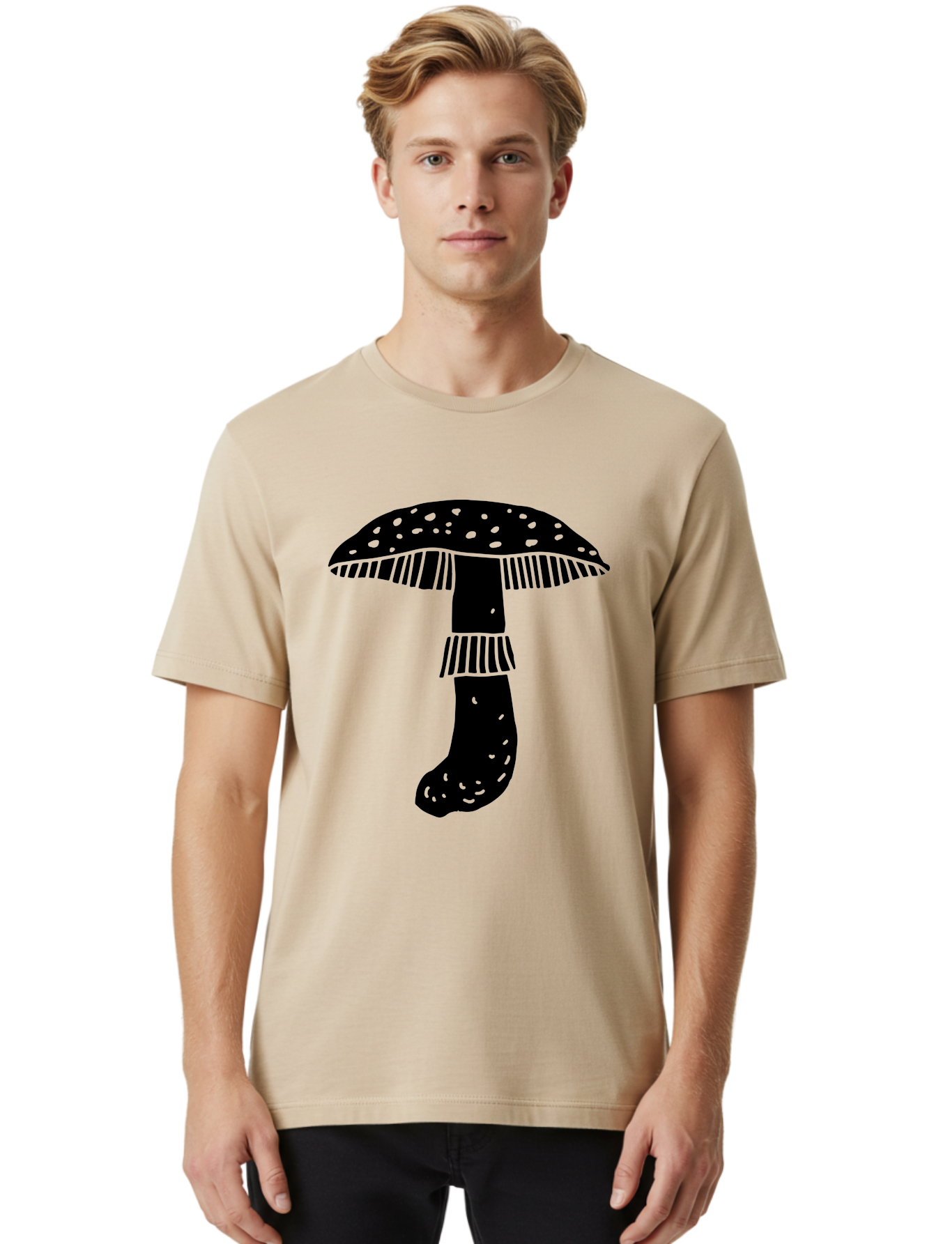 Mushroom-1 Men'S Graphic Tee, 100% Cotton, Comfortable Casual Summer Wear, Machine Washable, Mushroom Illustration, Black Silhouette, Spotted Cap, Striped Stem, Fungal Art, Whimsical Design, Fantasy Elements, Graphic Design -  Aaa605 28