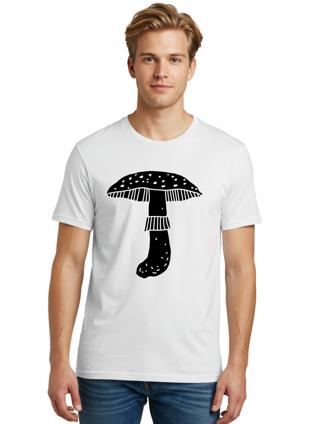 Mushroom-1 Men'S Graphic Tee, 100% Cotton, Comfortable Casual Summer Wear, Machine Washable, Mushroom Illustration, Black Silhouette, Spotted Cap, Striped Stem, Fungal Art, Whimsical Design, Fantasy Elements, Graphic Design -  Aaa605 30