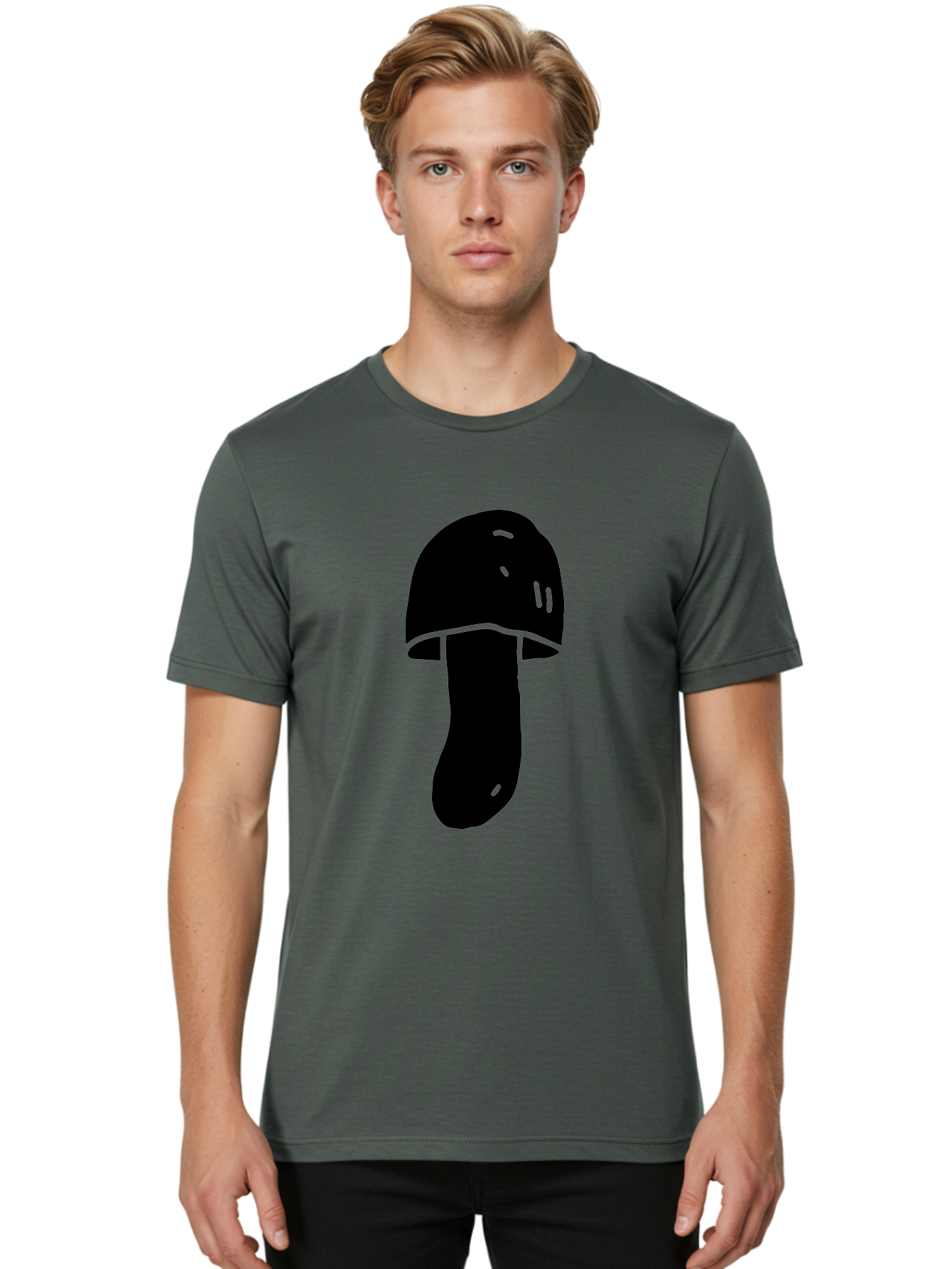 Mushroom-Graphic Men'S Graphic Tee, 100% Cotton, Comfortable Casual Summer Wear, Machine Washable, Mushroom Silhouette, Simple Design, Minimalist Art, Fungal Icon, Black And Green, Nature Symbol -  Aaa606 4
