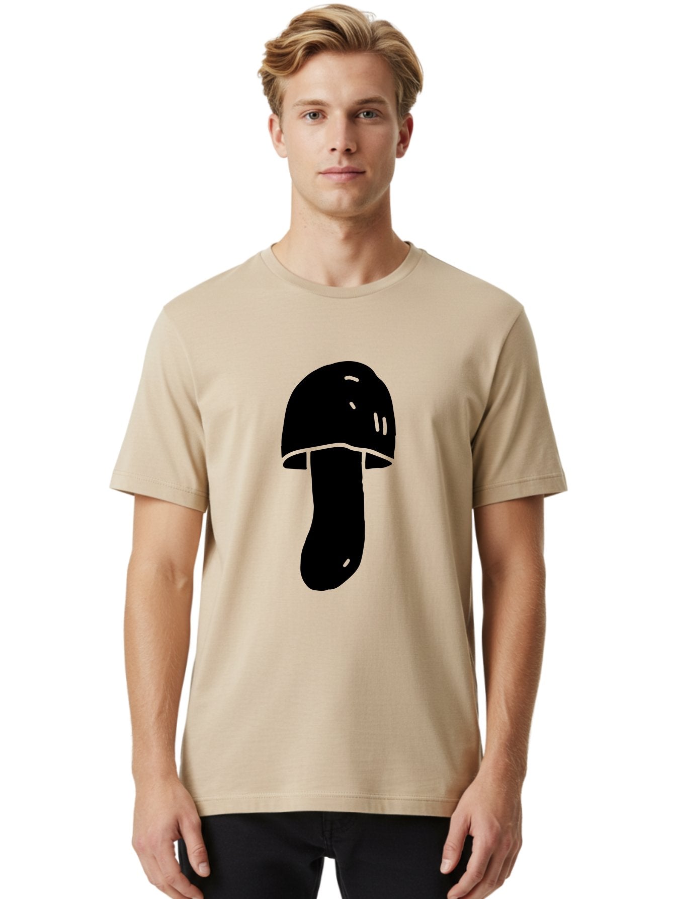Mushroom-Graphic Men'S Graphic Tee, 100% Cotton, Comfortable Casual Summer Wear, Machine Washable, Mushroom Silhouette, Simple Design, Minimalist Art, Fungal Icon, Black And Green, Nature Symbol -  Aaa606 30