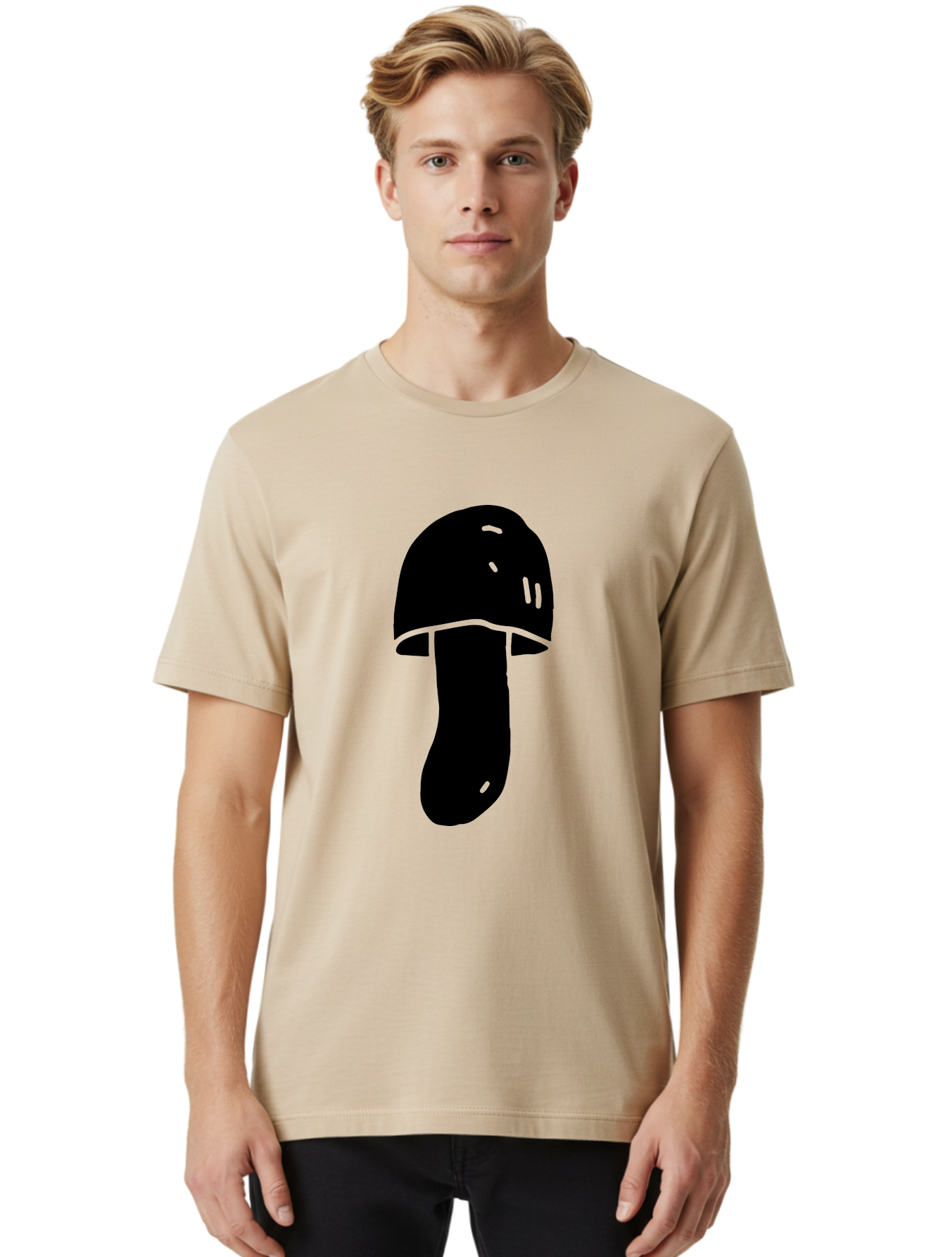 Mushroom-Graphic Men'S Graphic Tee, 100% Cotton, Comfortable Casual Summer Wear, Machine Washable, Mushroom Silhouette, Simple Design, Minimalist Art, Fungal Icon, Black And Green, Nature Symbol -  Aaa606 28