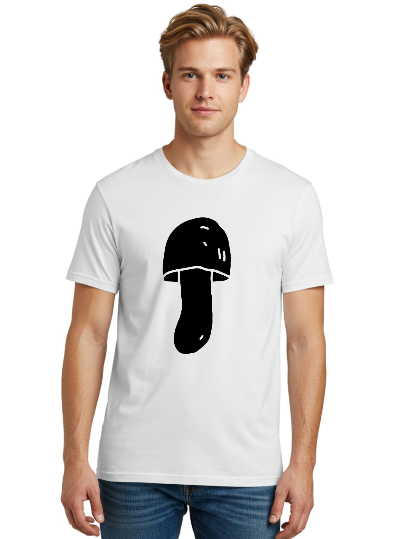Mushroom-Graphic Men'S Graphic Tee, 100% Cotton, Comfortable Casual Summer Wear, Machine Washable, Mushroom Silhouette, Simple Design, Minimalist Art, Fungal Icon, Black And Green, Nature Symbol -  Aaa606 25