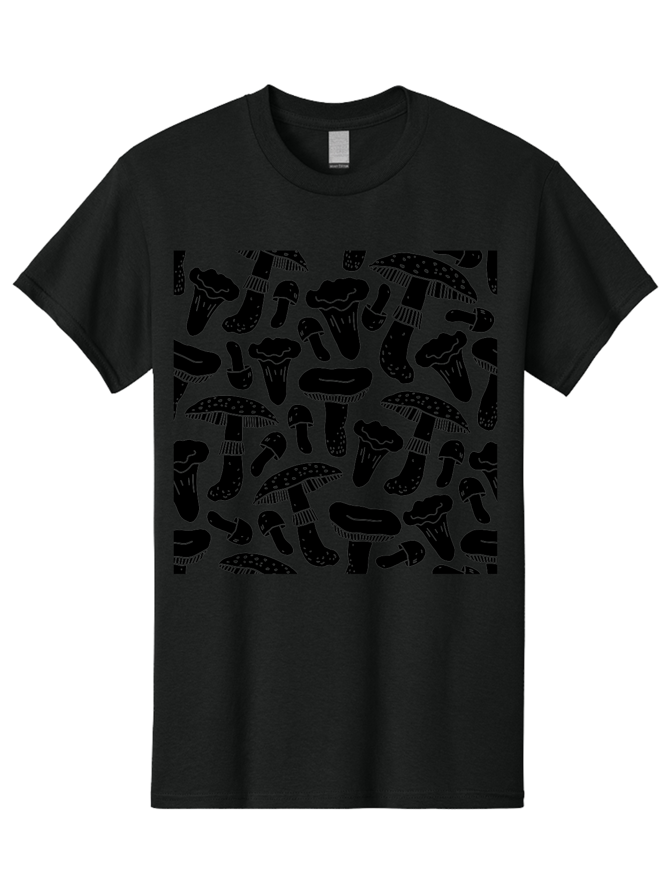 Mushroom-Pattern Men'S Graphic Tee, 100% Cotton, Comfortable Casual Summer Wear, Machine Washable, Mushroom Patterns, Fantasy Fungi, Black Silhouettes, Detailed Illustrations, Whimsical Design, Stylized Mushrooms, Nature-Inspired Art, -  Aaa607