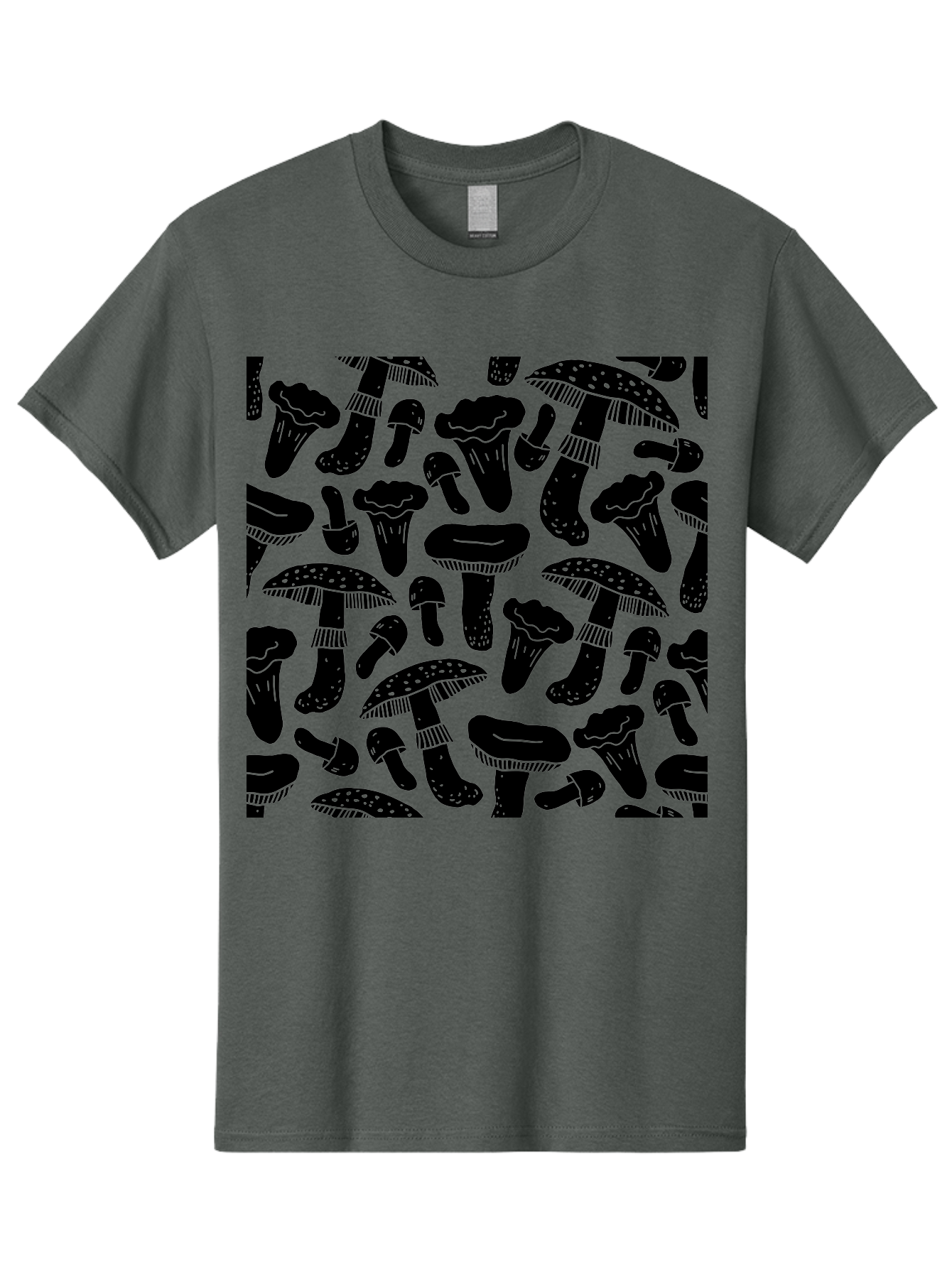Mushroom-Pattern Men'S Graphic Tee, 100% Cotton, Comfortable Casual Summer Wear, Machine Washable, Mushroom Patterns, Fantasy Fungi, Black Silhouettes, Detailed Illustrations, Whimsical Design, Stylized Mushrooms, Nature-Inspired Art, -  Aaa607 3