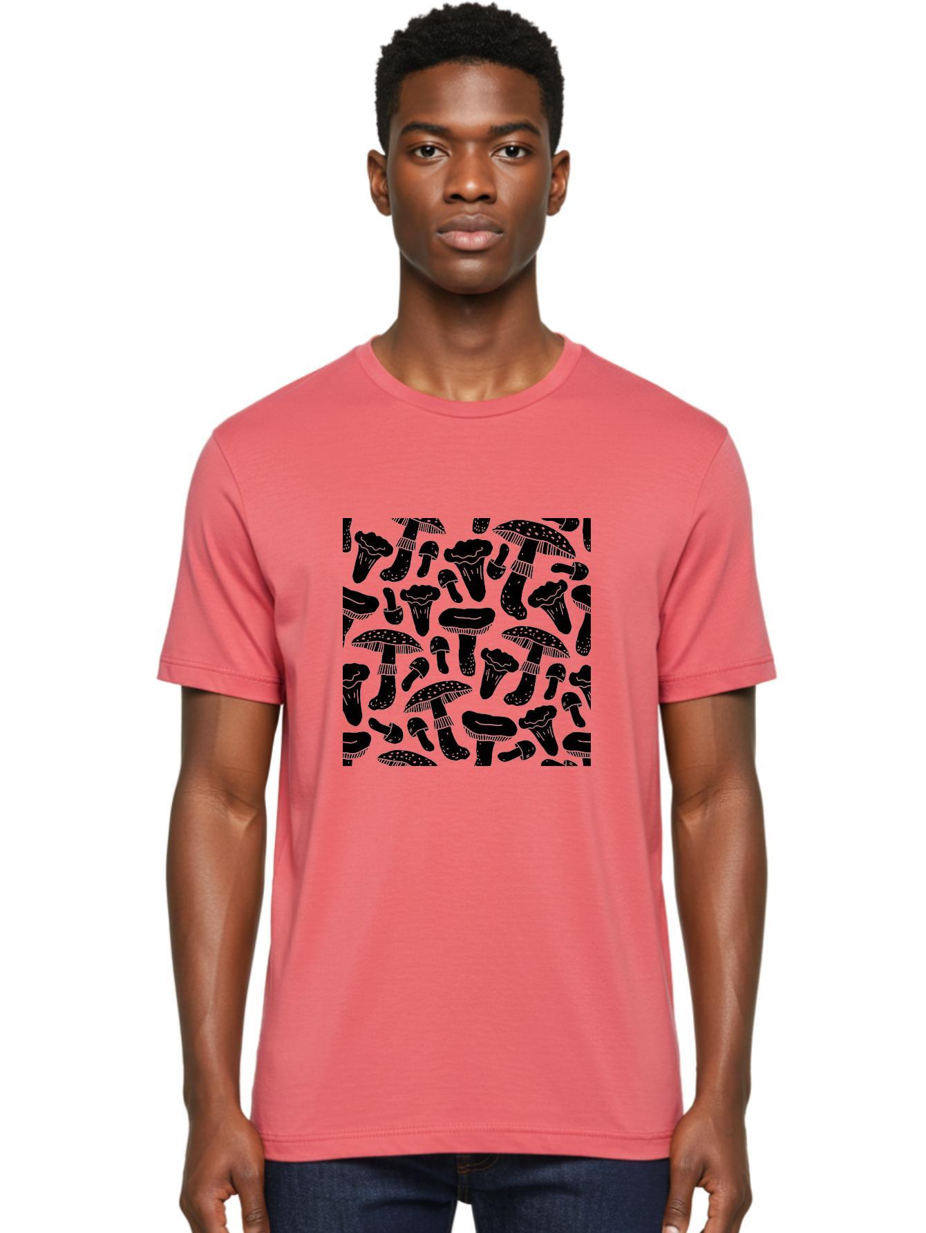 Mushroom-Pattern Men'S Graphic Tee, 100% Cotton, Comfortable Casual Summer Wear, Machine Washable, Mushroom Patterns, Fantasy Fungi, Black Silhouettes, Detailed Illustrations, Whimsical Design, Stylized Mushrooms, Nature-Inspired Art, -  Aaa607 6