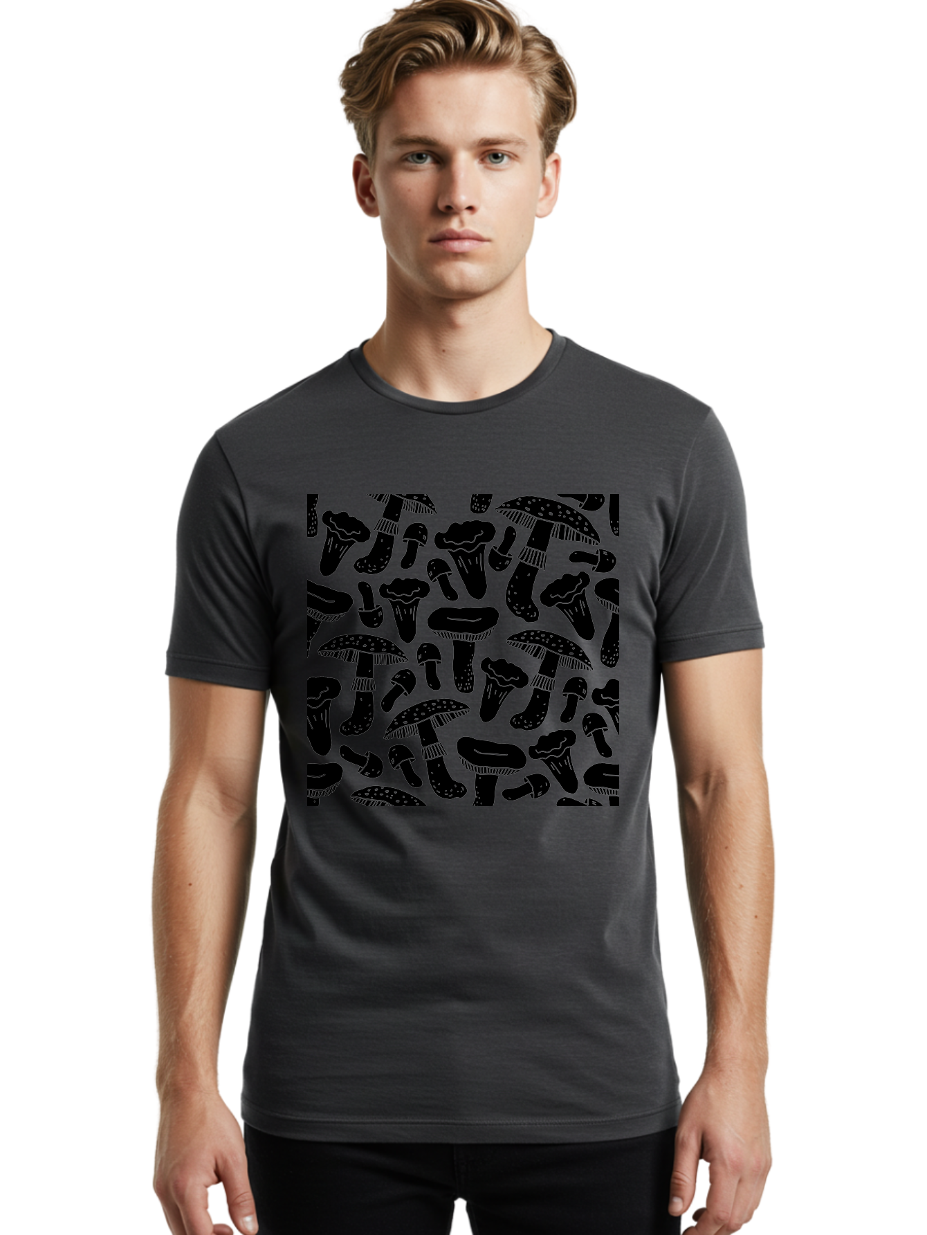 Mushroom-Pattern Men'S Graphic Tee, 100% Cotton, Comfortable Casual Summer Wear, Machine Washable, Mushroom Patterns, Fantasy Fungi, Black Silhouettes, Detailed Illustrations, Whimsical Design, Stylized Mushrooms, Nature-Inspired Art, -  Aaa607 8