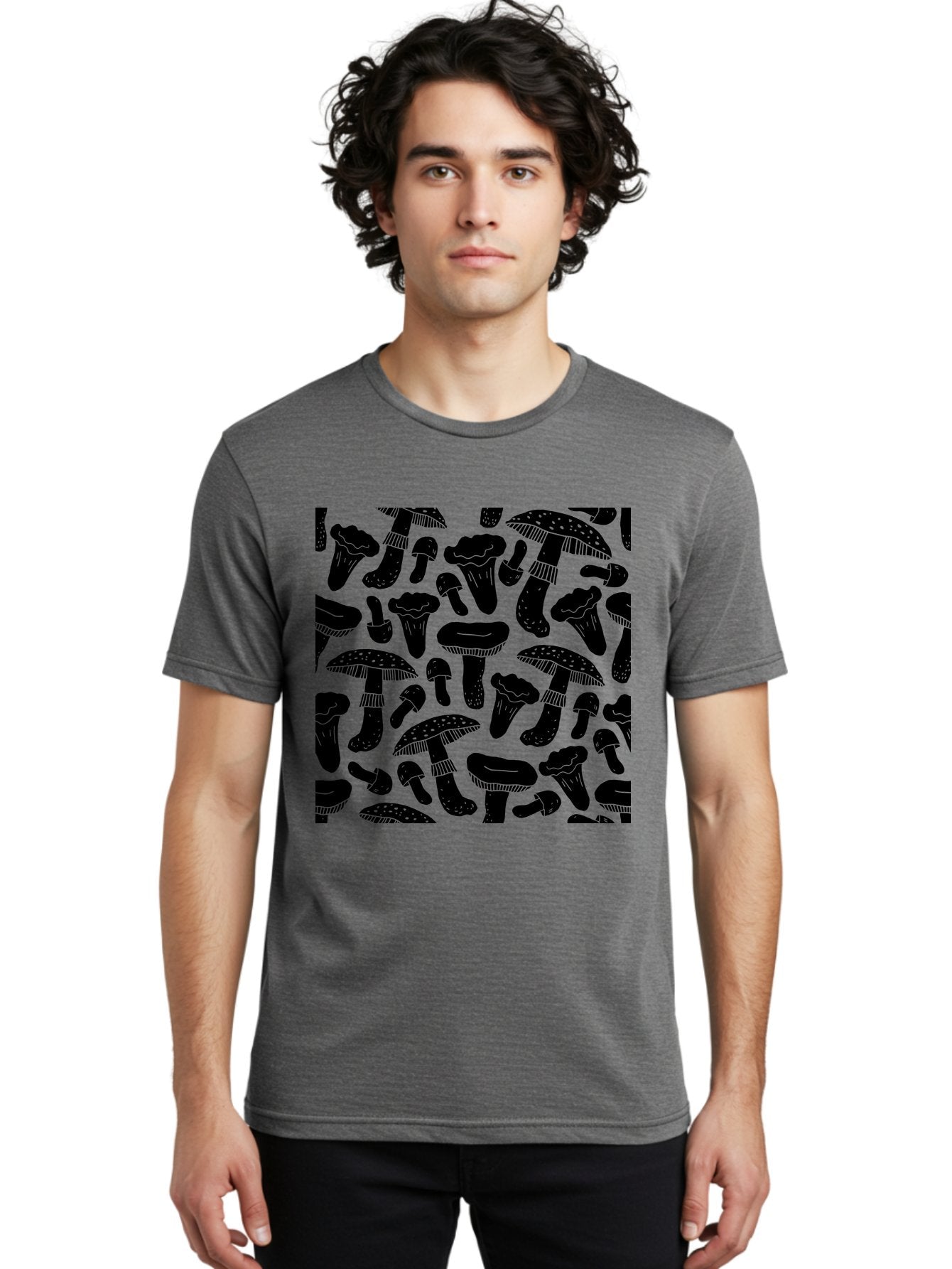 Mushroom-Pattern Men'S Graphic Tee, 100% Cotton, Comfortable Casual Summer Wear, Machine Washable, Mushroom Patterns, Fantasy Fungi, Black Silhouettes, Detailed Illustrations, Whimsical Design, Stylized Mushrooms, Nature-Inspired Art, -  Aaa607 28