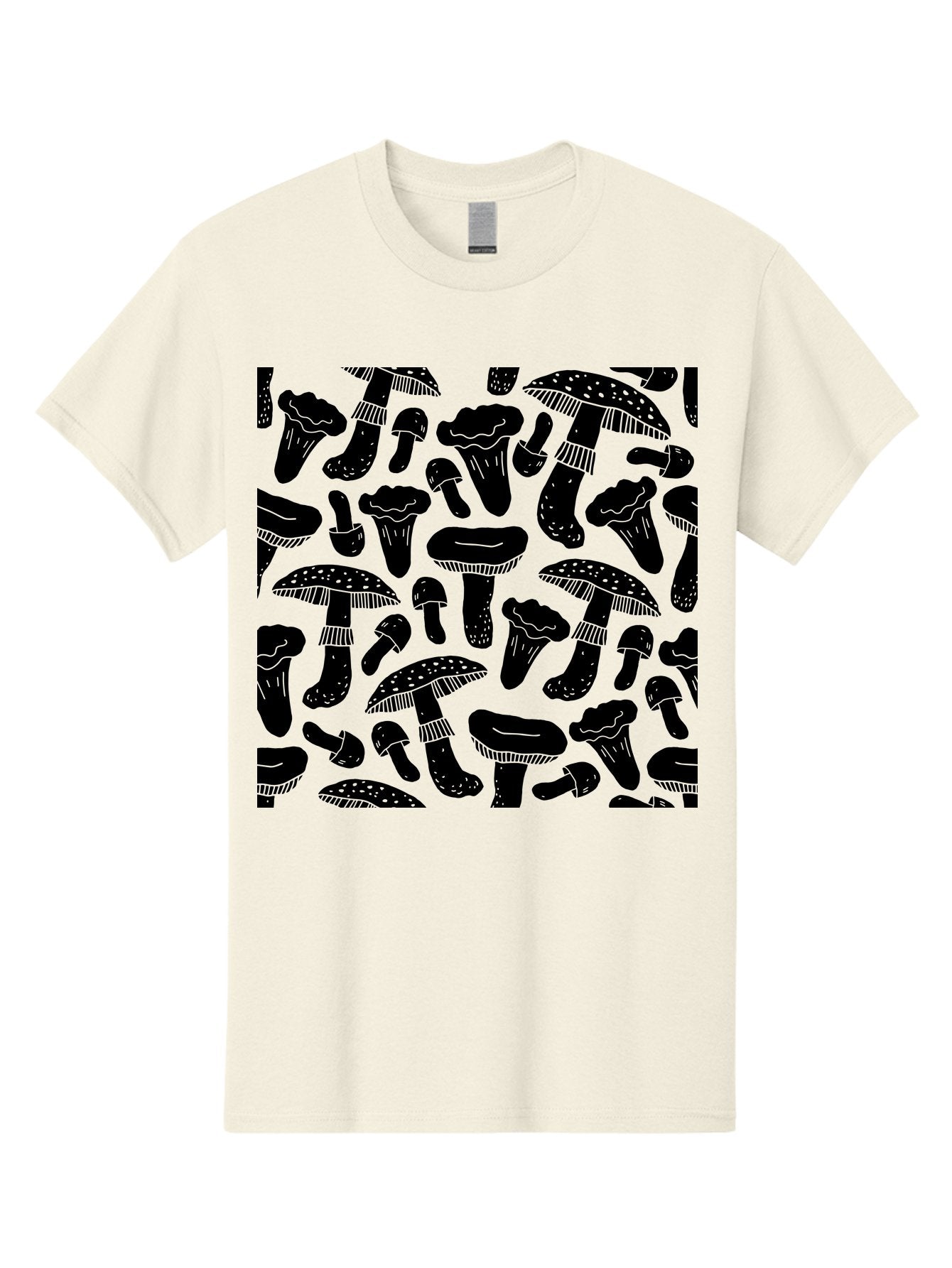 Mushroom-Pattern Men'S Graphic Tee, 100% Cotton, Comfortable Casual Summer Wear, Machine Washable, Mushroom Patterns, Fantasy Fungi, Black Silhouettes, Detailed Illustrations, Whimsical Design, Stylized Mushrooms, Nature-Inspired Art, -  Aaa607