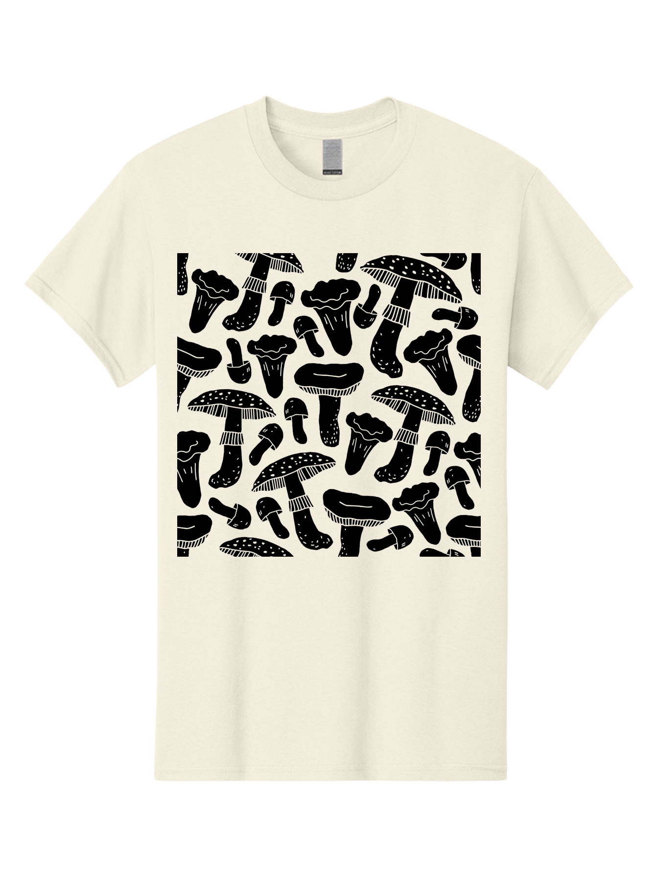 Mushroom-Pattern Men'S Graphic Tee, 100% Cotton, Comfortable Casual Summer Wear, Machine Washable, Mushroom Patterns, Fantasy Fungi, Black Silhouettes, Detailed Illustrations, Whimsical Design, Stylized Mushrooms, Nature-Inspired Art, -  Aaa607 17