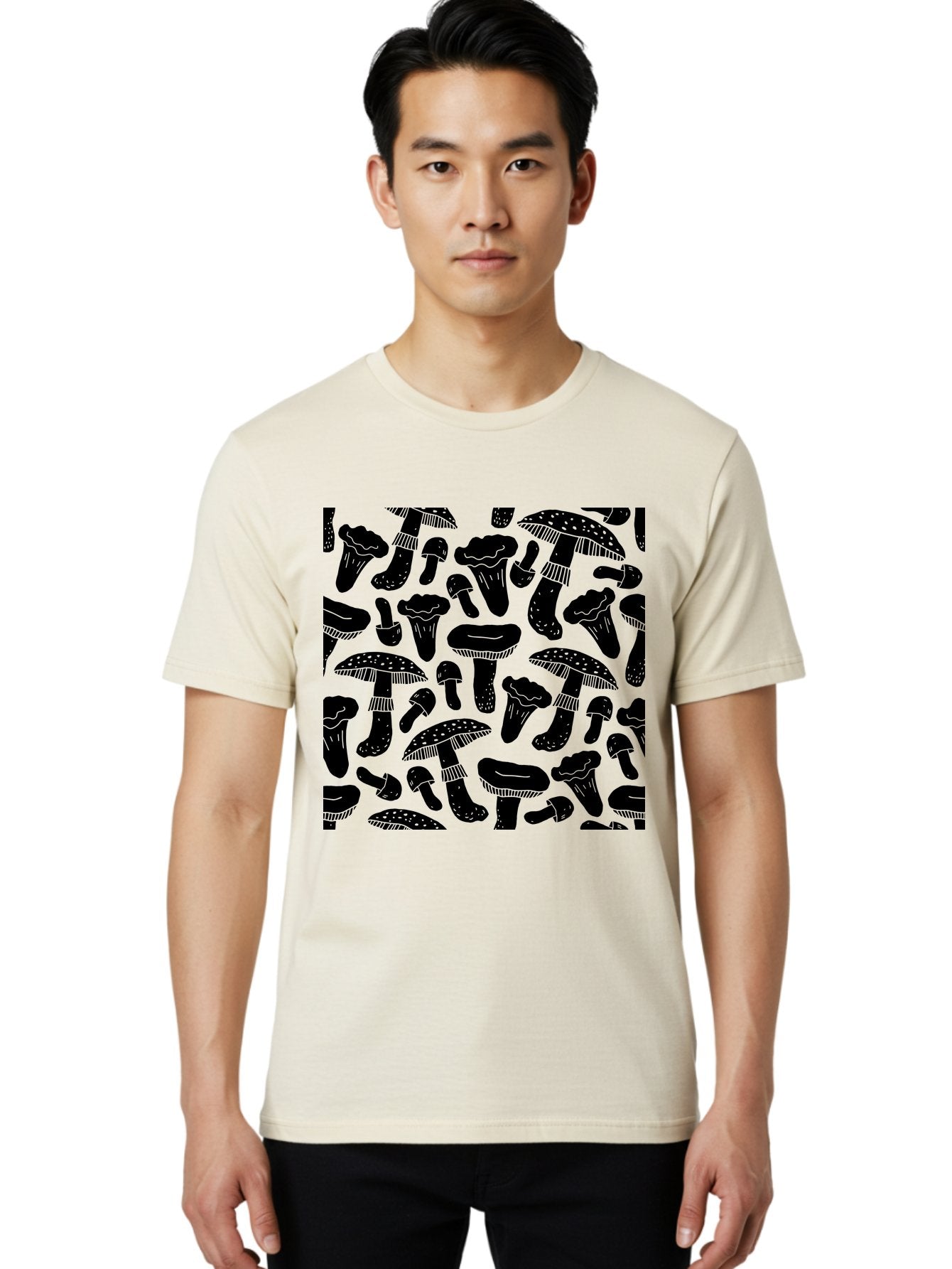 Mushroom-Pattern Men'S Graphic Tee, 100% Cotton, Comfortable Casual Summer Wear, Machine Washable, Mushroom Patterns, Fantasy Fungi, Black Silhouettes, Detailed Illustrations, Whimsical Design, Stylized Mushrooms, Nature-Inspired Art, -  Aaa607 19