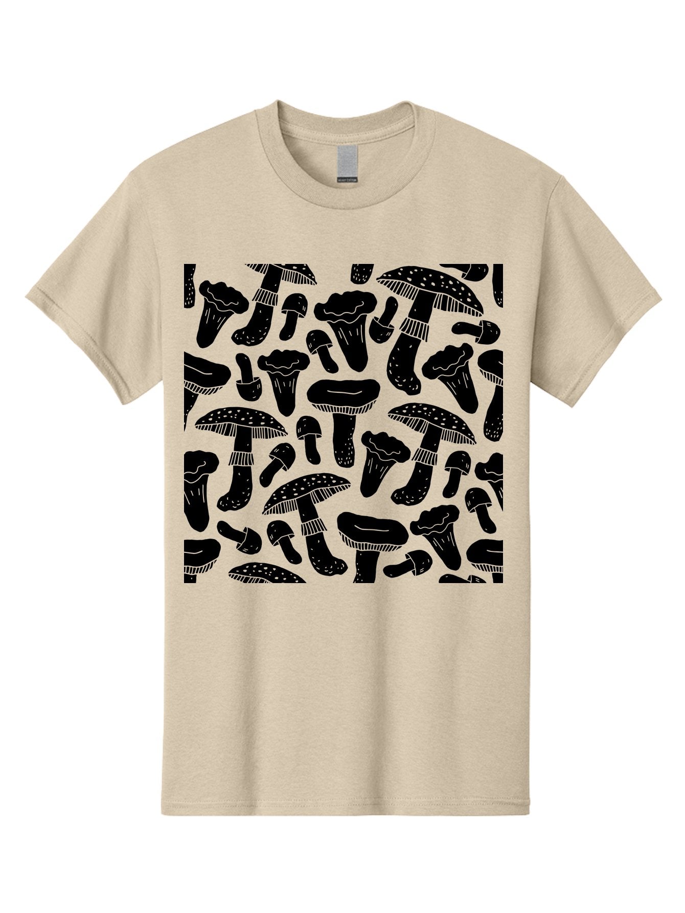 Mushroom-Pattern Men'S Graphic Tee, 100% Cotton, Comfortable Casual Summer Wear, Machine Washable, Mushroom Patterns, Fantasy Fungi, Black Silhouettes, Detailed Illustrations, Whimsical Design, Stylized Mushrooms, Nature-Inspired Art, -  Aaa607 15