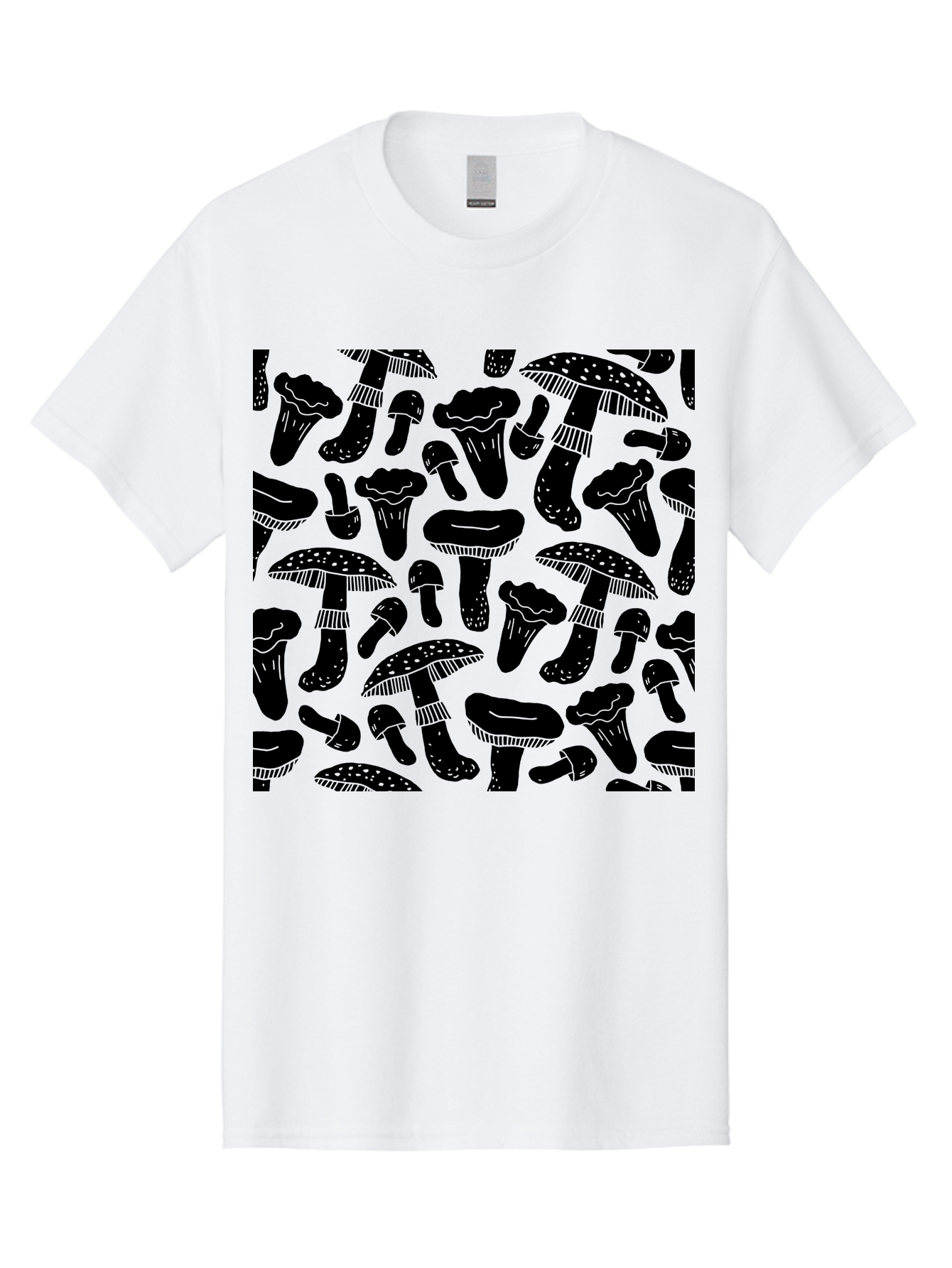 Mushroom-Pattern Men'S Graphic Tee, 100% Cotton, Comfortable Casual Summer Wear, Machine Washable, Mushroom Patterns, Fantasy Fungi, Black Silhouettes, Detailed Illustrations, Whimsical Design, Stylized Mushrooms, Nature-Inspired Art, -  Aaa607 29