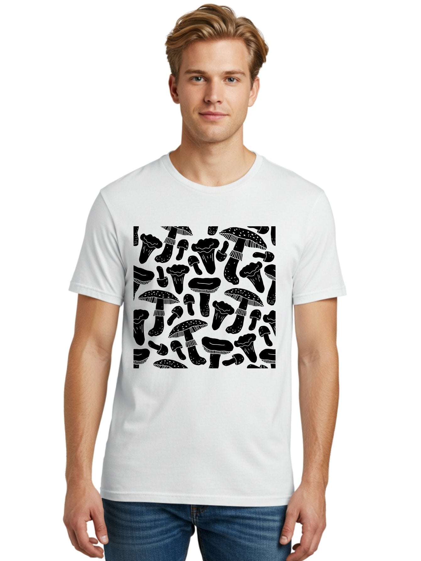 Mushroom-Pattern Men'S Graphic Tee, 100% Cotton, Comfortable Casual Summer Wear, Machine Washable, Mushroom Patterns, Fantasy Fungi, Black Silhouettes, Detailed Illustrations, Whimsical Design, Stylized Mushrooms, Nature-Inspired Art, -  Aaa607 22
