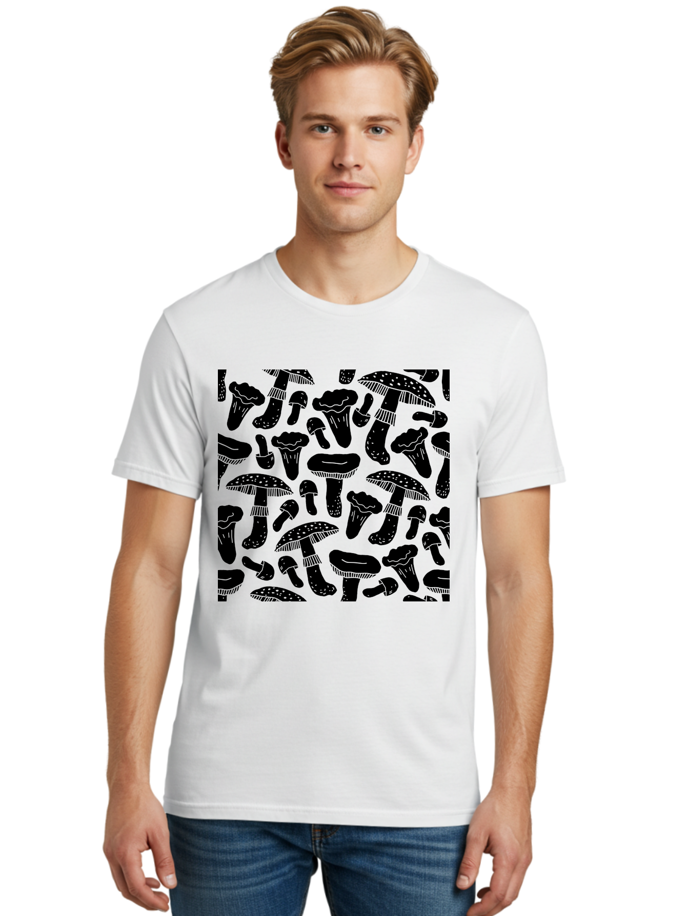 Mushroom-Pattern Men'S Graphic Tee, 100% Cotton, Comfortable Casual Summer Wear, Machine Washable, Mushroom Patterns, Fantasy Fungi, Black Silhouettes, Detailed Illustrations, Whimsical Design, Stylized Mushrooms, Nature-Inspired Art, -  Aaa607 30