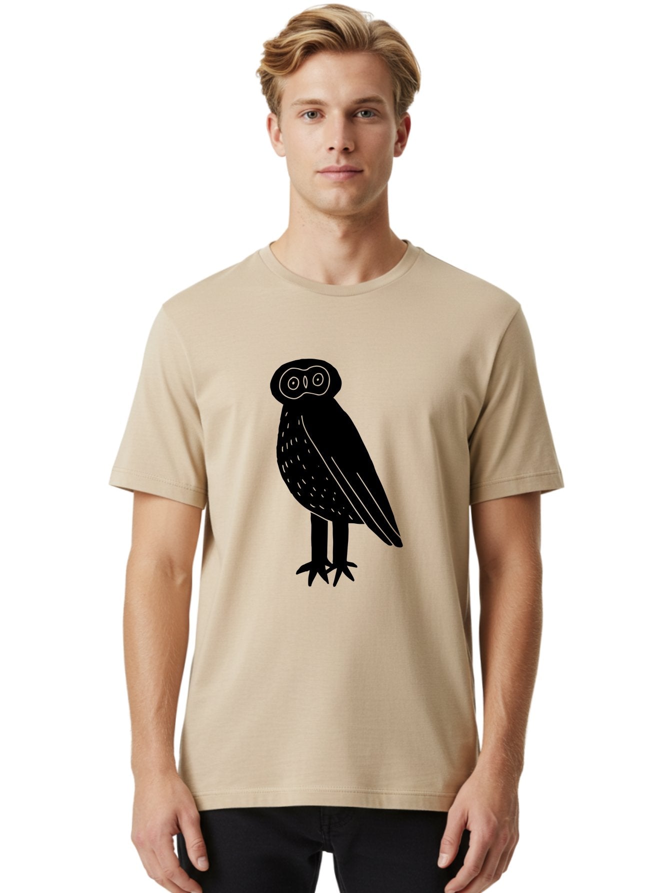 Owl Men'S Graphic Tee, 100% Cotton, Comfortable Casual Summer Wear, Machine Washable, Owl Silhouette, Minimalist Design, Simple Art, Black And Green, Wildlife Illustration, Nocturnal Bird, Abstract Owl -  Aaa609 22