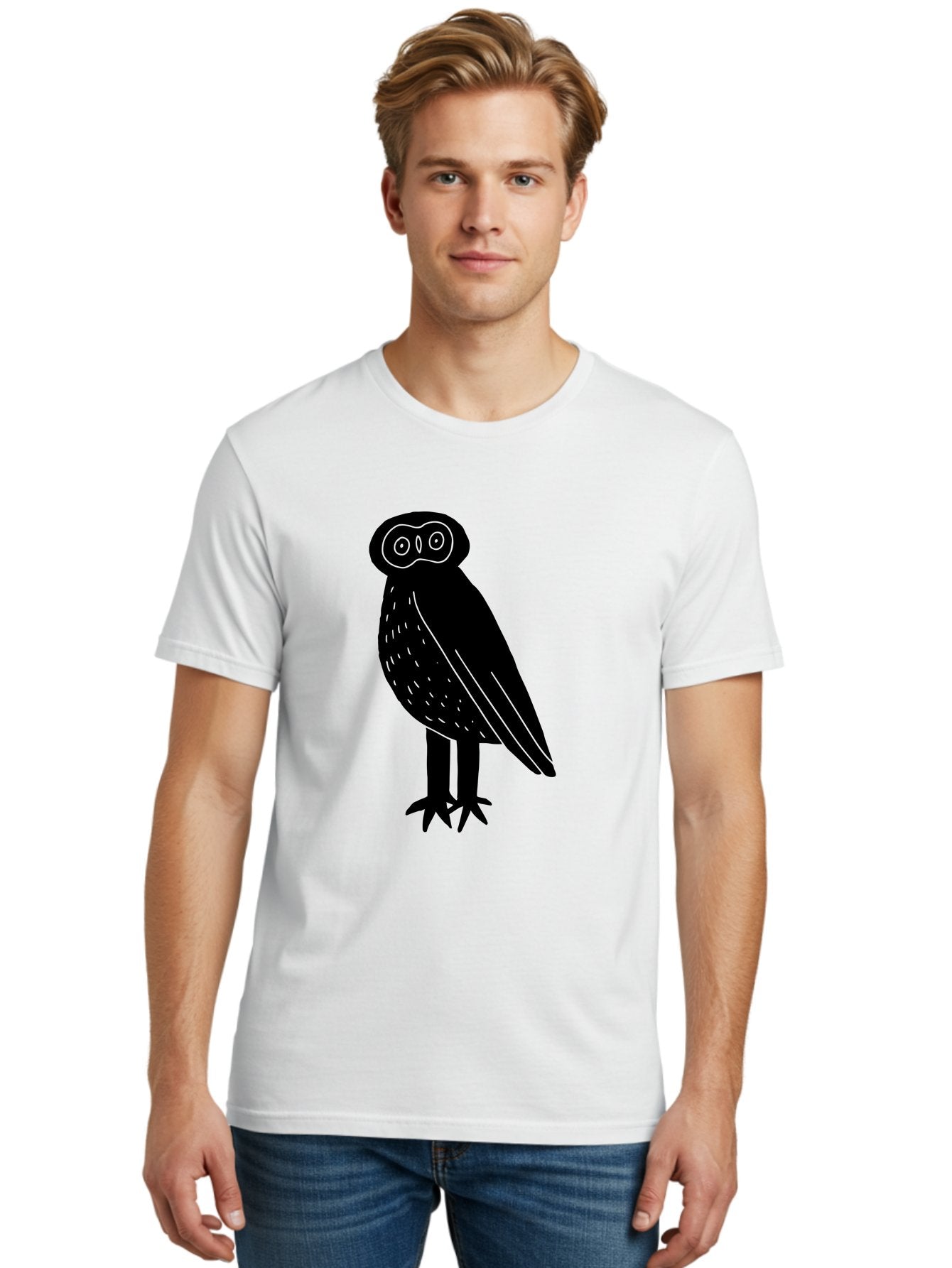 Owl Men'S Graphic Tee, 100% Cotton, Comfortable Casual Summer Wear, Machine Washable, Owl Silhouette, Minimalist Design, Simple Art, Black And Green, Wildlife Illustration, Nocturnal Bird, Abstract Owl -  Aaa609 21