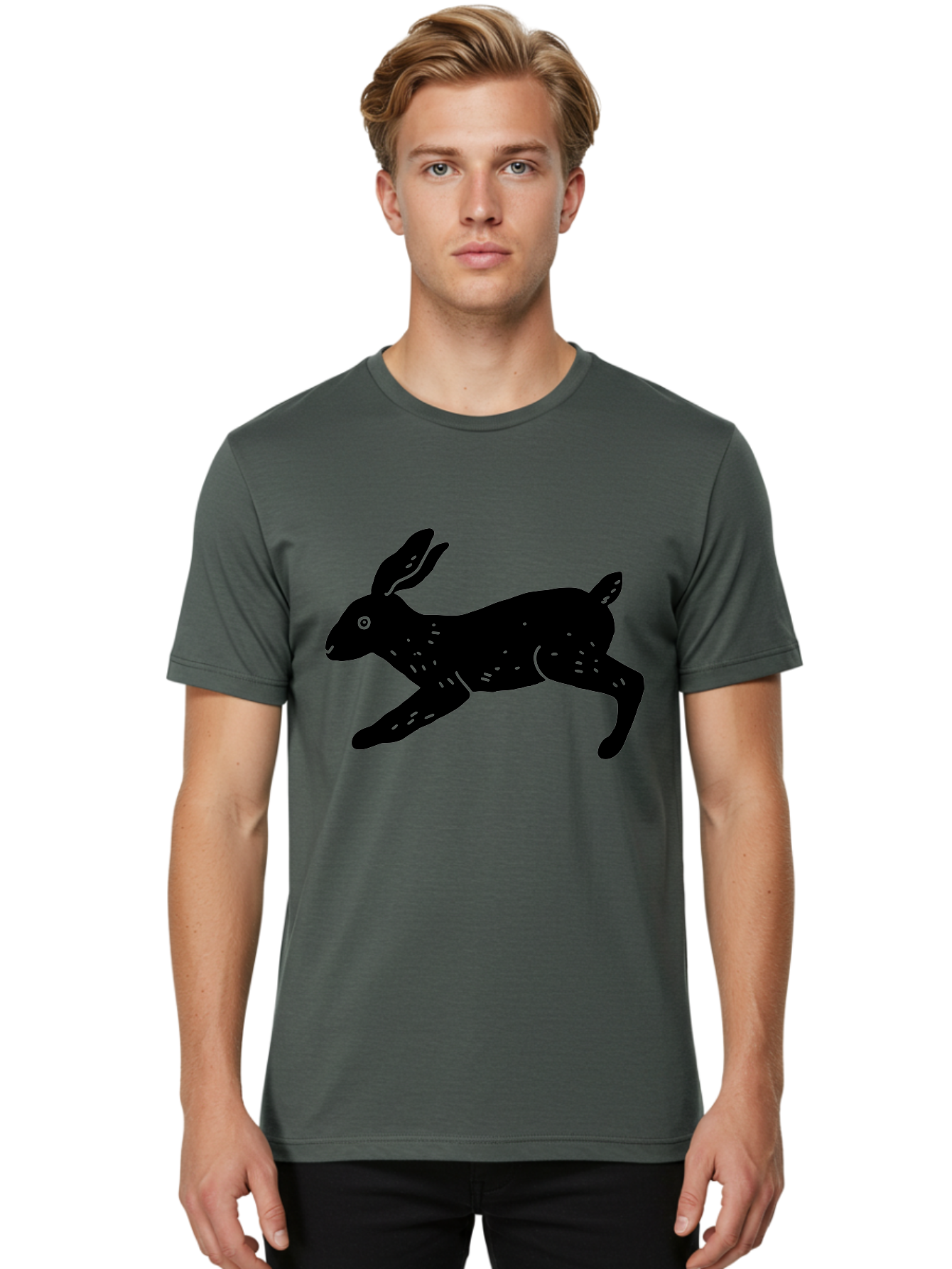 Rabbit-Silhouette Men'S Graphic Tee, 100% Cotton, Comfortable Casual Summer Wear, Machine Washable, Running Rabbit, Black Silhouette, Neon Green Accents, Dynamic Movement, Simple Design, Abstract Art, Minimalist Style, Rabbit Illustration -  Aaa610 4
