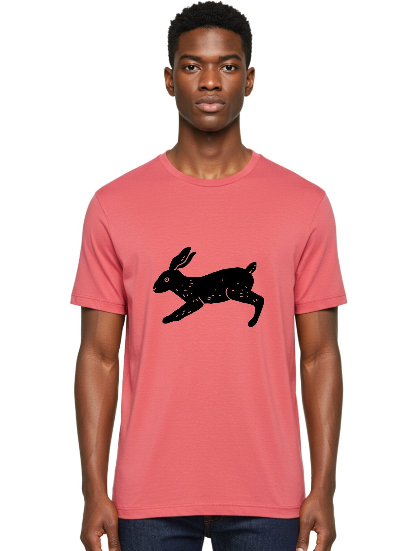 Rabbit-Silhouette Men'S Graphic Tee, 100% Cotton, Comfortable Casual Summer Wear, Machine Washable, Running Rabbit, Black Silhouette, Neon Green Accents, Dynamic Movement, Simple Design, Abstract Art, Minimalist Style, Rabbit Illustration -  Aaa610 21