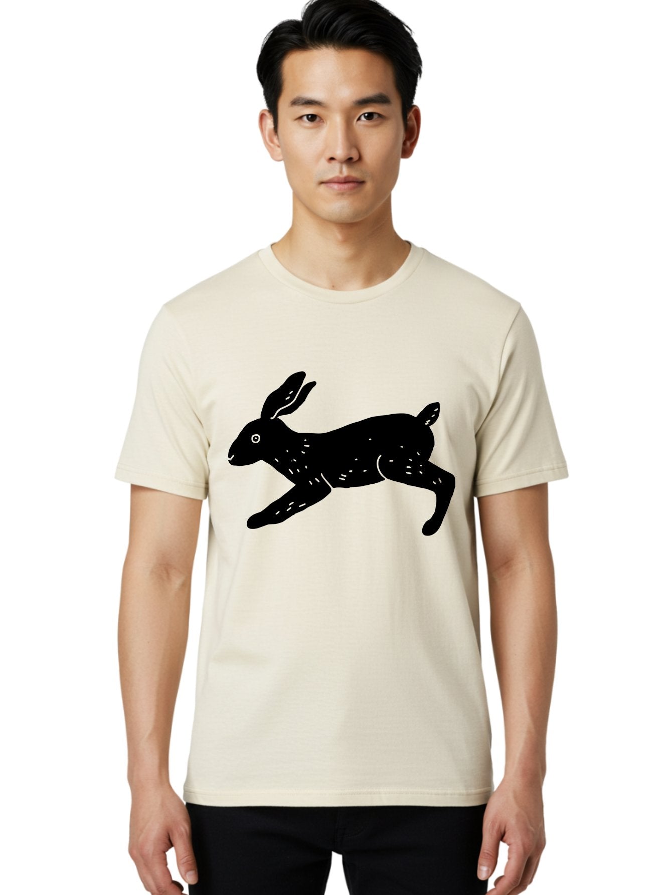 Rabbit-Silhouette Men'S Graphic Tee, 100% Cotton, Comfortable Casual Summer Wear, Machine Washable, Running Rabbit, Black Silhouette, Neon Green Accents, Dynamic Movement, Simple Design, Abstract Art, Minimalist Style, Rabbit Illustration -  Aaa610 22