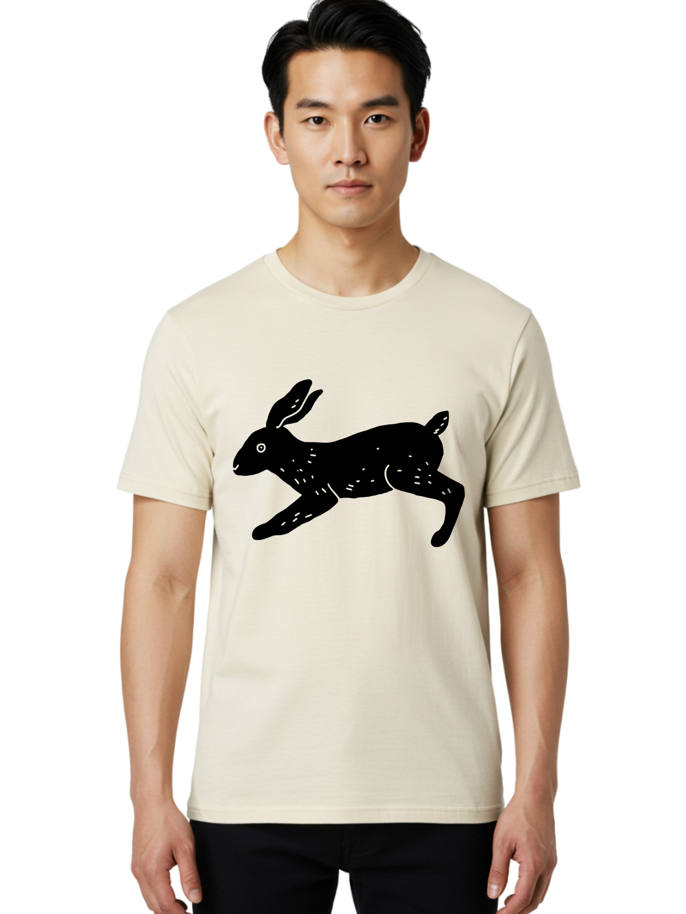 Rabbit-Silhouette Men'S Graphic Tee, 100% Cotton, Comfortable Casual Summer Wear, Machine Washable, Running Rabbit, Black Silhouette, Neon Green Accents, Dynamic Movement, Simple Design, Abstract Art, Minimalist Style, Rabbit Illustration -  Aaa610 18