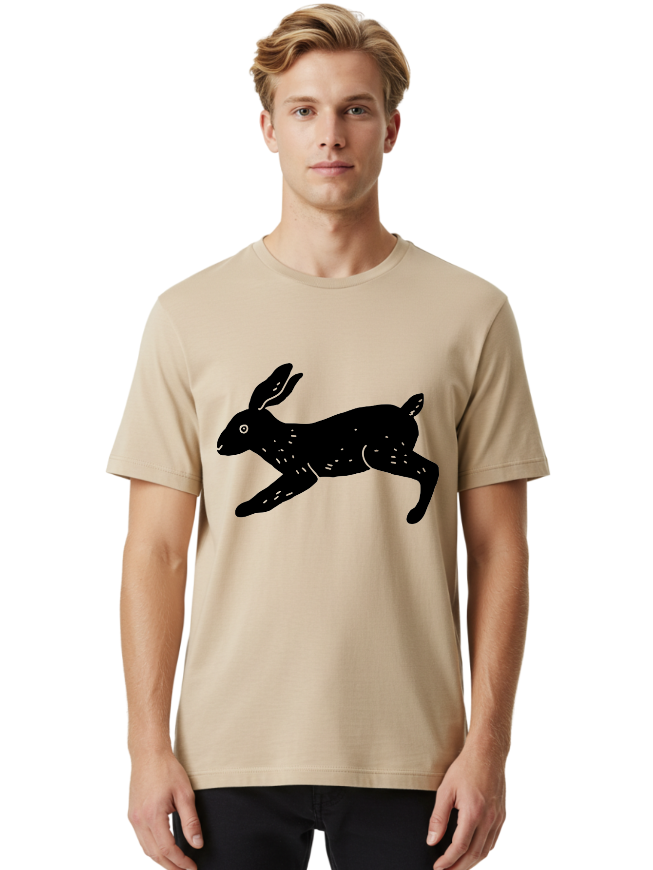 Rabbit-Silhouette Men'S Graphic Tee, 100% Cotton, Comfortable Casual Summer Wear, Machine Washable, Running Rabbit, Black Silhouette, Neon Green Accents, Dynamic Movement, Simple Design, Abstract Art, Minimalist Style, Rabbit Illustration -  Aaa610 28