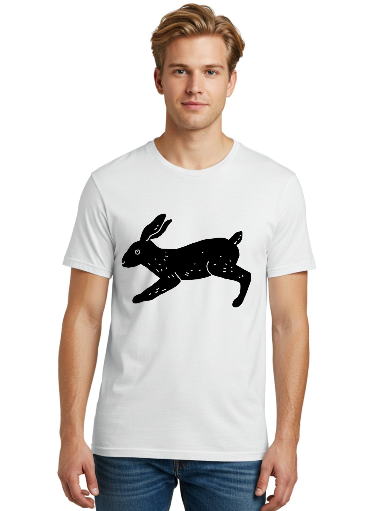 Rabbit-Silhouette Men'S Graphic Tee, 100% Cotton, Comfortable Casual Summer Wear, Machine Washable, Running Rabbit, Black Silhouette, Neon Green Accents, Dynamic Movement, Simple Design, Abstract Art, Minimalist Style, Rabbit Illustration -  Aaa610 24