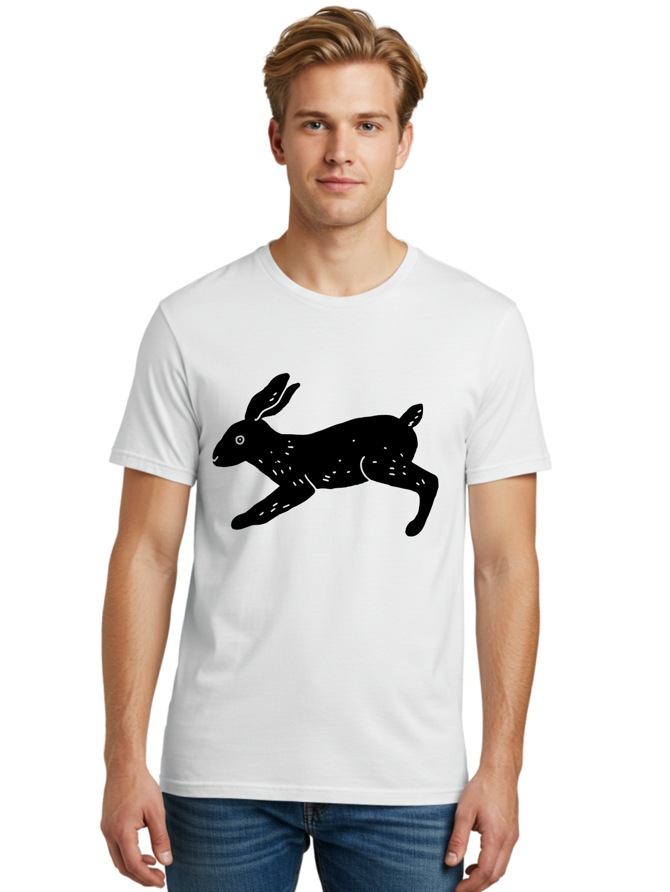 Rabbit-Silhouette Men'S Graphic Tee, 100% Cotton, Comfortable Casual Summer Wear, Machine Washable, Running Rabbit, Black Silhouette, Neon Green Accents, Dynamic Movement, Simple Design, Abstract Art, Minimalist Style, Rabbit Illustration -  Aaa610 30