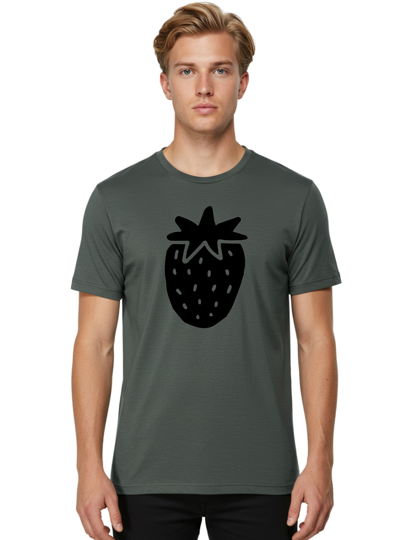 Strawberry Men'S Graphic Tee, 100% Cotton, Comfortable Casual Summer Wear, Machine Washable, Strawberry Silhouette, Simple Illustration, Strawberry Graphic, Black And Green, Fruit Icon, Summer Fruit -  Aaa612 4