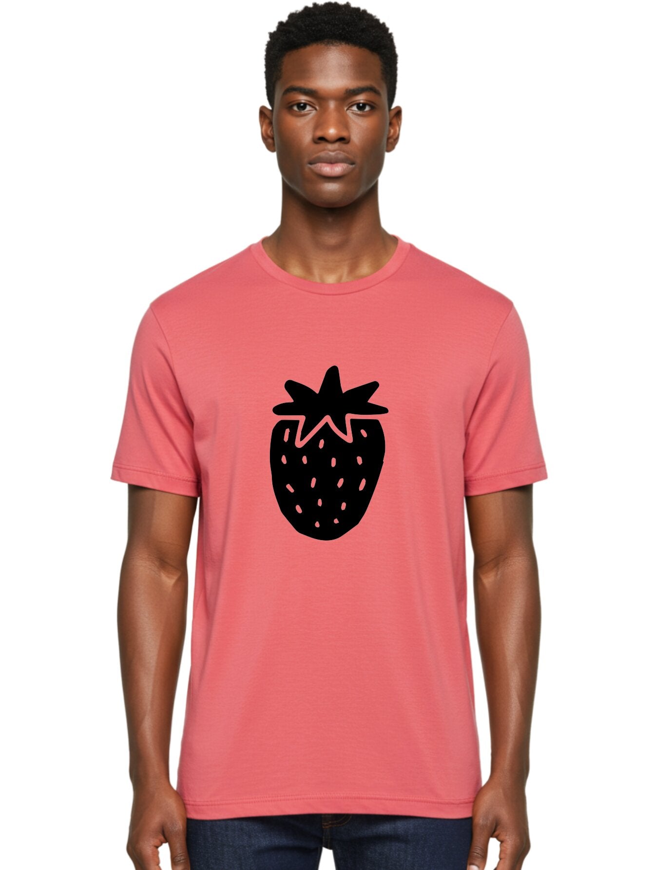 Strawberry Men'S Graphic Tee, 100% Cotton, Comfortable Casual Summer Wear, Machine Washable, Strawberry Silhouette, Simple Illustration, Strawberry Graphic, Black And Green, Fruit Icon, Summer Fruit -  Aaa612 20