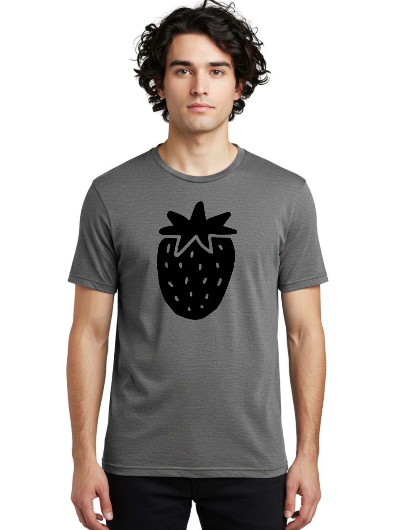 Strawberry Men'S Graphic Tee, 100% Cotton, Comfortable Casual Summer Wear, Machine Washable, Strawberry Silhouette, Simple Illustration, Strawberry Graphic, Black And Green, Fruit Icon, Summer Fruit -  Aaa612 25
