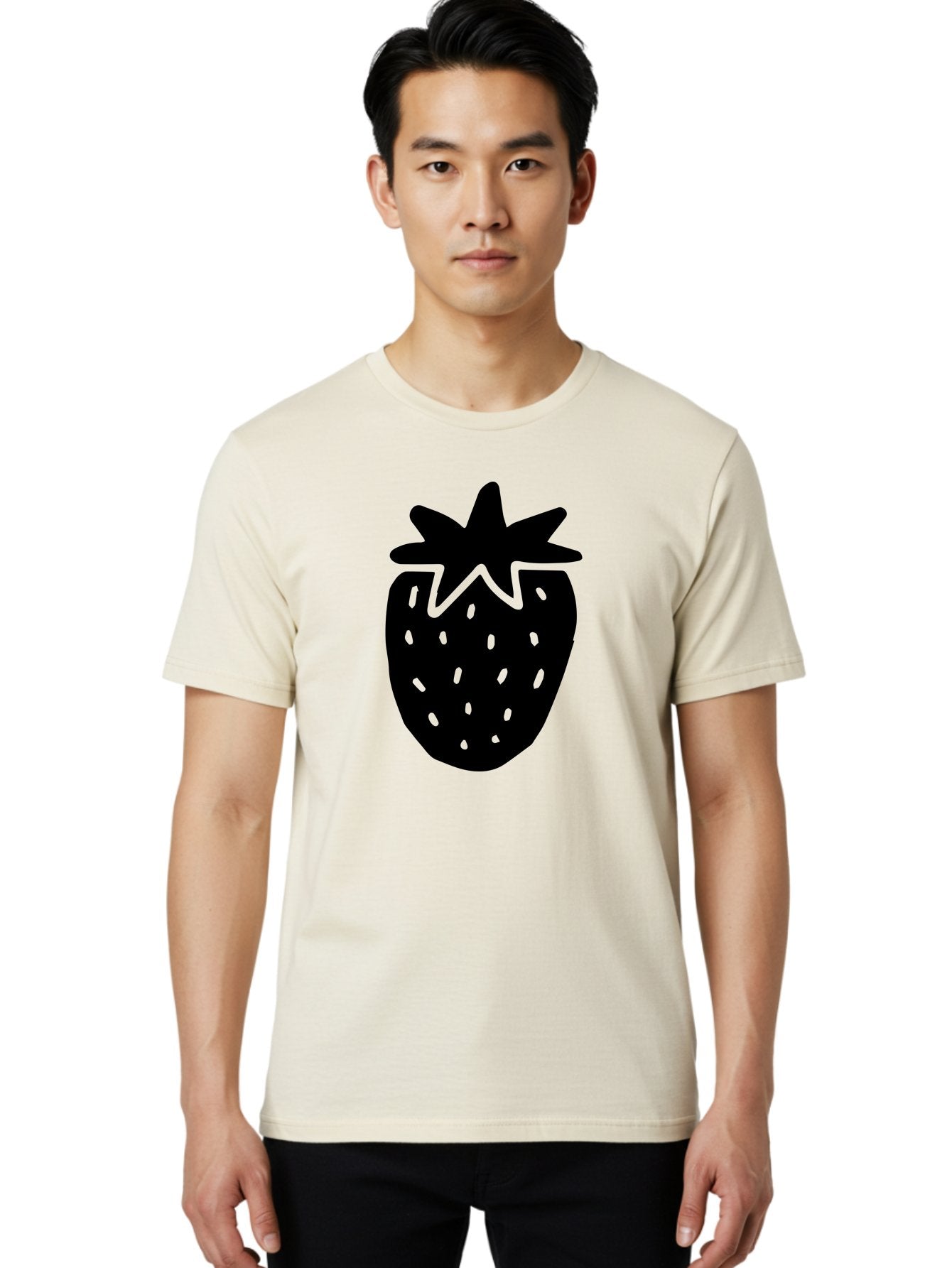 Strawberry Men'S Graphic Tee, 100% Cotton, Comfortable Casual Summer Wear, Machine Washable, Strawberry Silhouette, Simple Illustration, Strawberry Graphic, Black And Green, Fruit Icon, Summer Fruit -  Aaa612 24