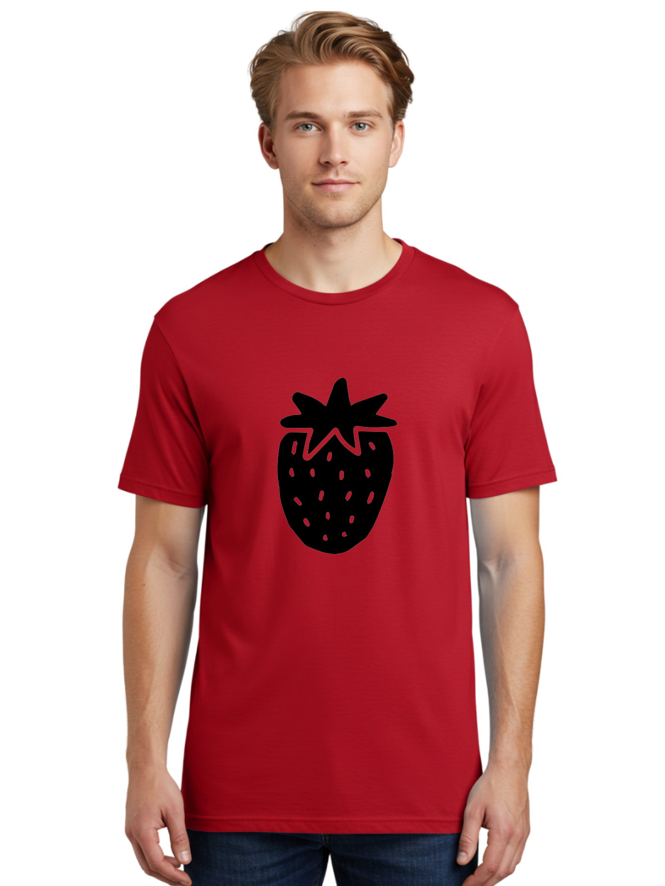 Strawberry Men'S Graphic Tee, 100% Cotton, Comfortable Casual Summer Wear, Machine Washable, Strawberry Silhouette, Simple Illustration, Strawberry Graphic, Black And Green, Fruit Icon, Summer Fruit -  Aaa612 24