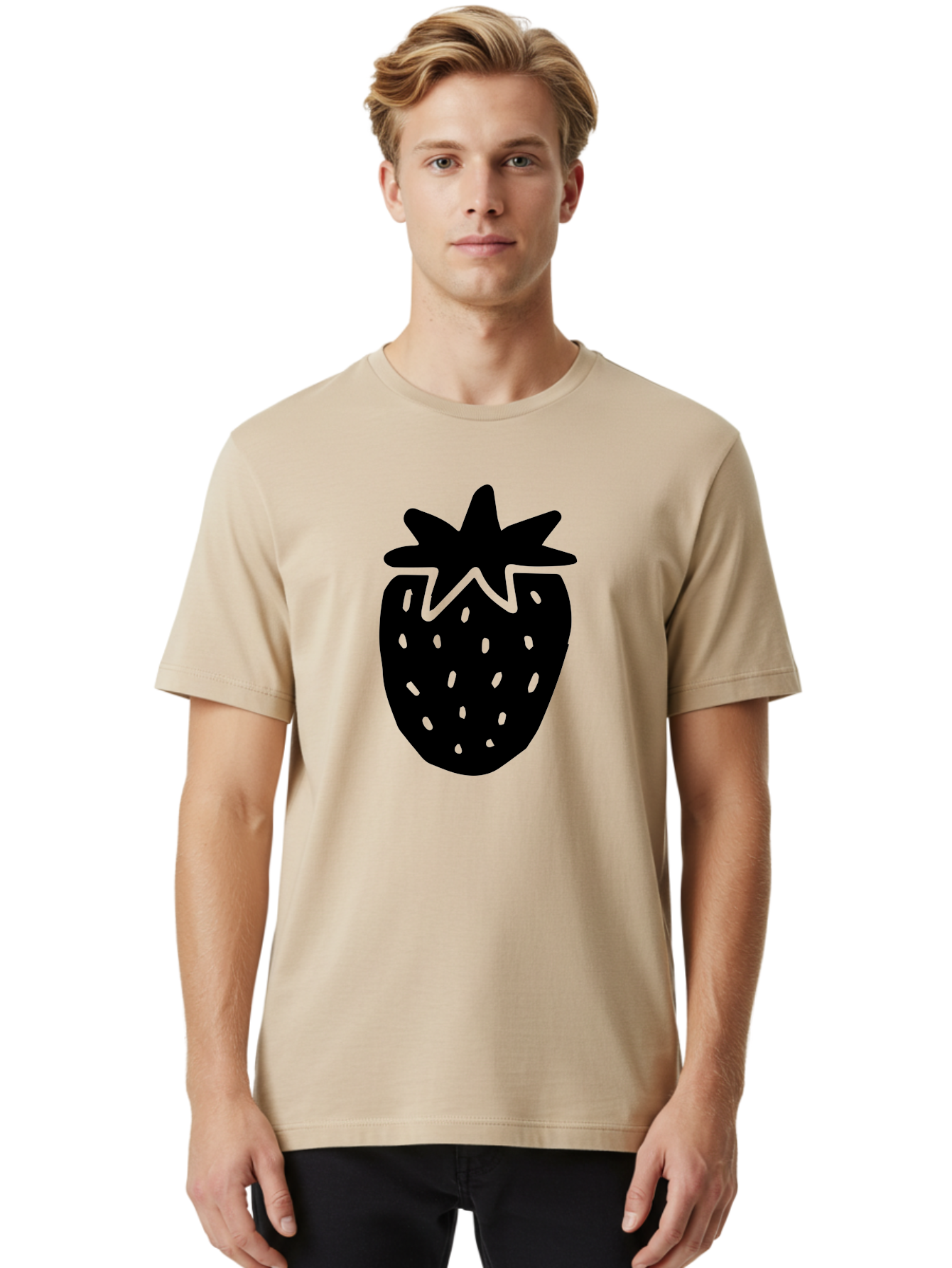 Strawberry Men'S Graphic Tee, 100% Cotton, Comfortable Casual Summer Wear, Machine Washable, Strawberry Silhouette, Simple Illustration, Strawberry Graphic, Black And Green, Fruit Icon, Summer Fruit -  Aaa612 28
