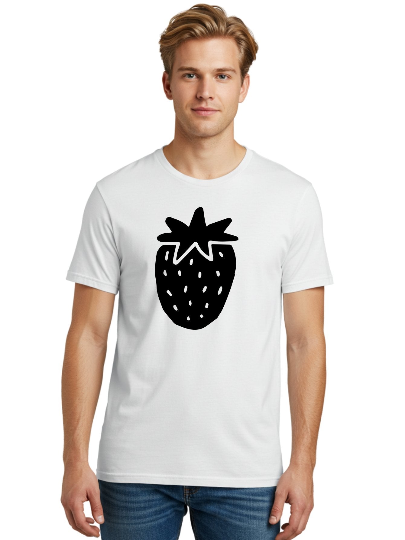 Strawberry Men'S Graphic Tee, 100% Cotton, Comfortable Casual Summer Wear, Machine Washable, Strawberry Silhouette, Simple Illustration, Strawberry Graphic, Black And Green, Fruit Icon, Summer Fruit -  Aaa612 29
