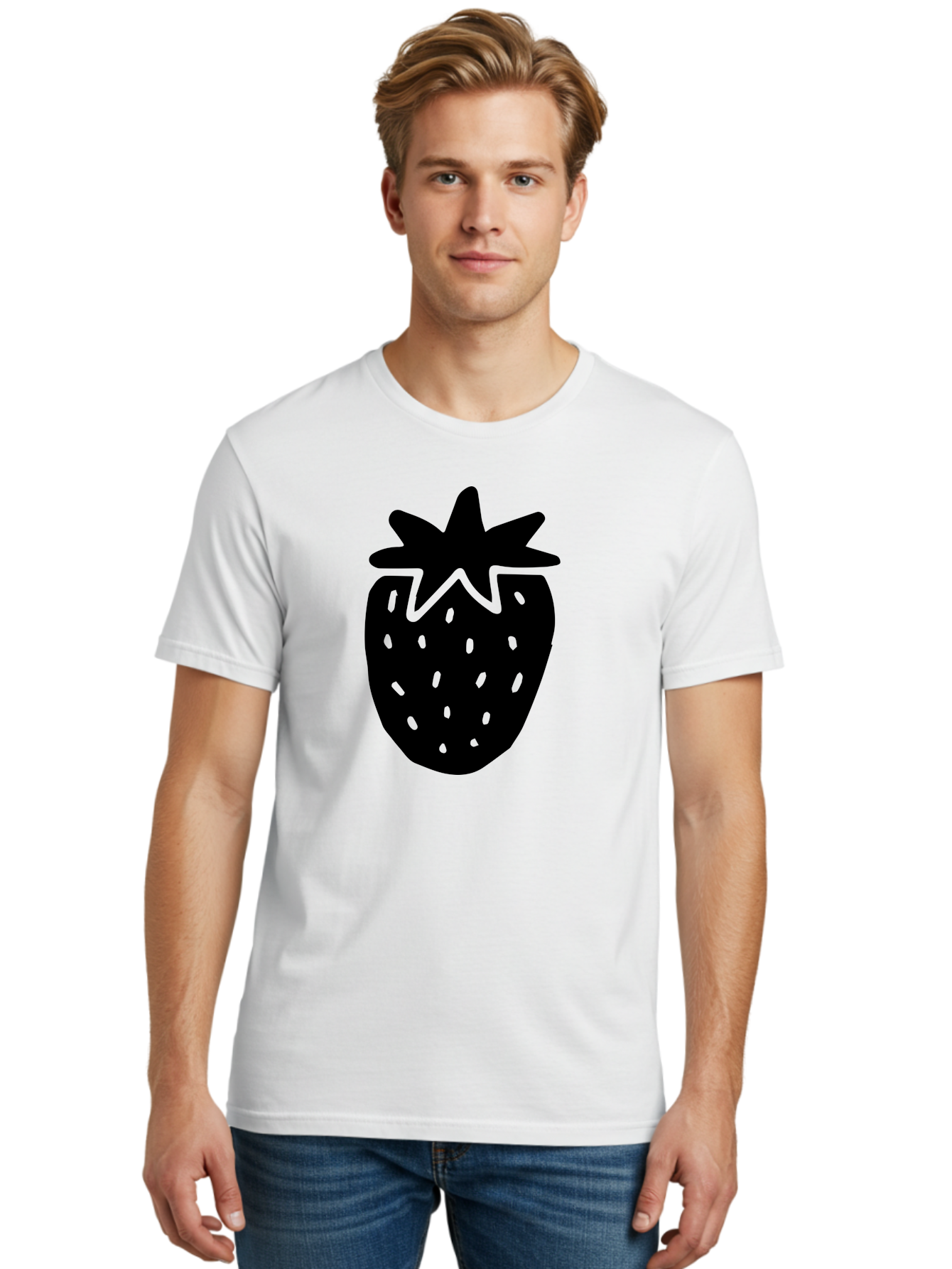 Strawberry Men'S Graphic Tee, 100% Cotton, Comfortable Casual Summer Wear, Machine Washable, Strawberry Silhouette, Simple Illustration, Strawberry Graphic, Black And Green, Fruit Icon, Summer Fruit -  Aaa612 30