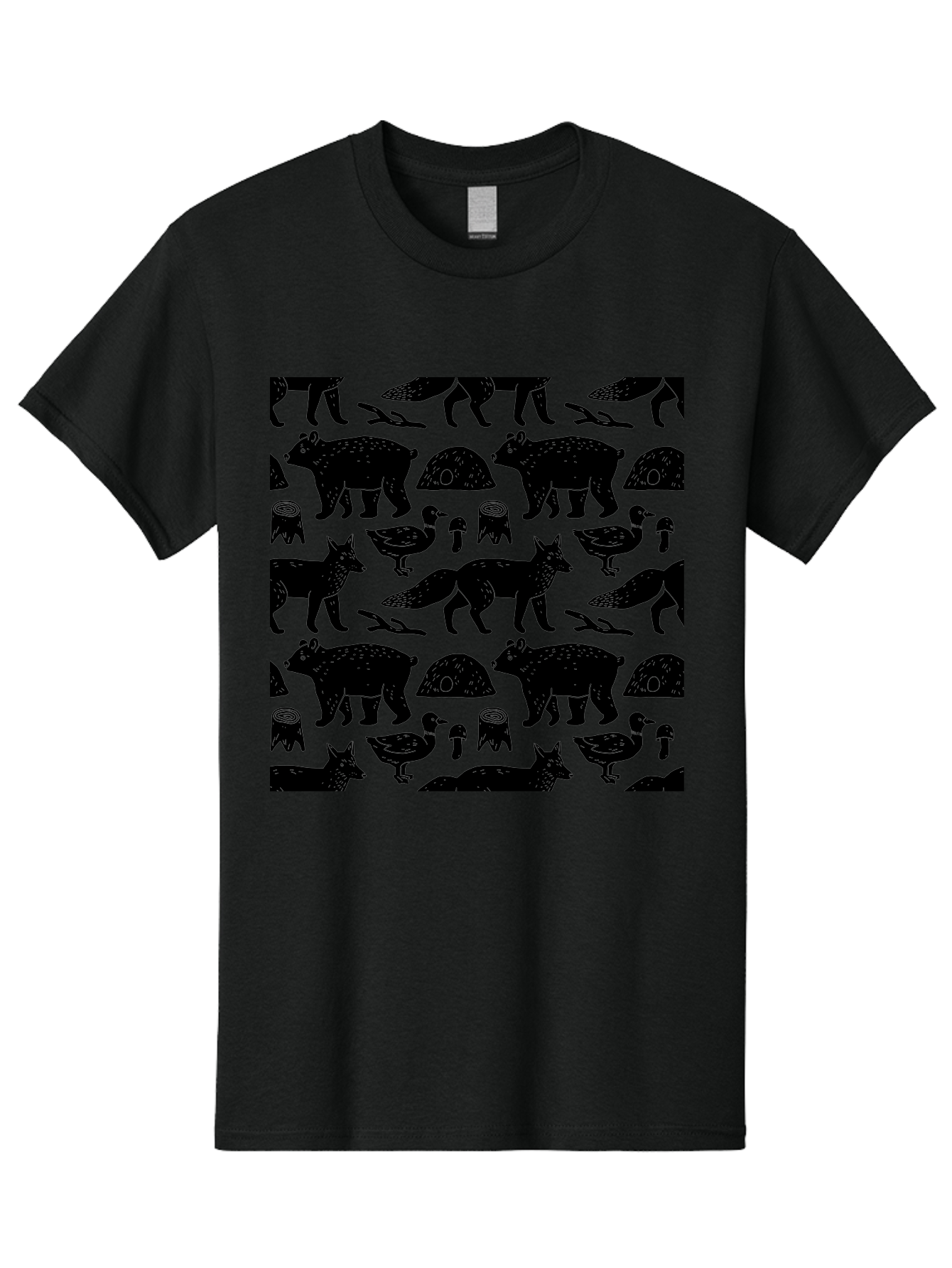 Woodland-Animal-Pattern Men'S Graphic Tee, 100% Cotton, Comfortable Casual Summer Wear, Machine Washable, Black Silhouettes Of Bears, Foxes, Birds, Mushrooms, Branches, Forest Creatures, Wildlife Pattern, Nature Design, Forest Theme, -  Aaa618