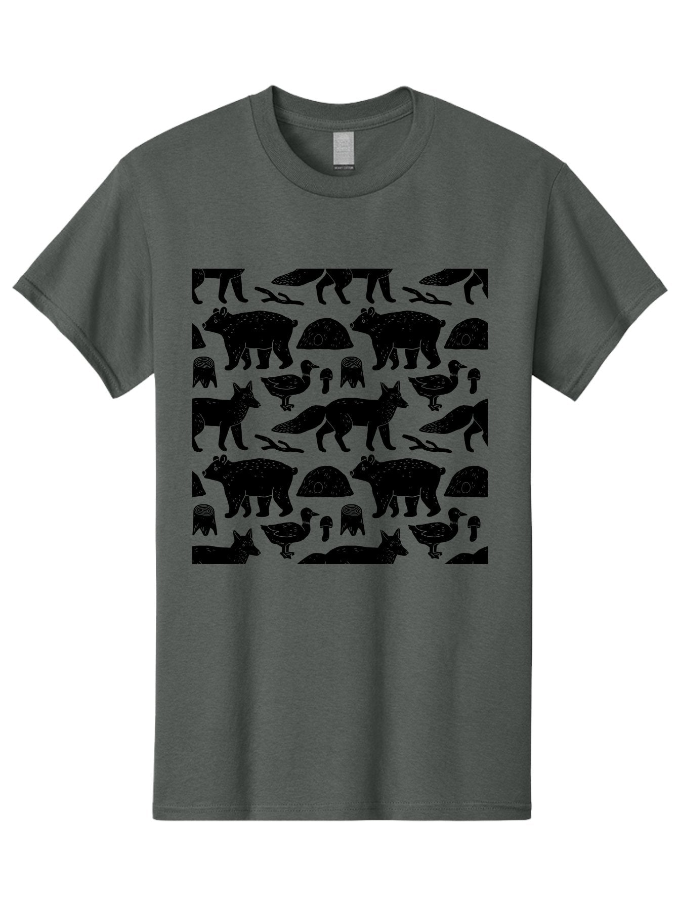 Woodland-Animal-Pattern Men'S Graphic Tee, 100% Cotton, Comfortable Casual Summer Wear, Machine Washable, Black Silhouettes Of Bears, Foxes, Birds, Mushrooms, Branches, Forest Creatures, Wildlife Pattern, Nature Design, Forest Theme, -  Aaa618 4