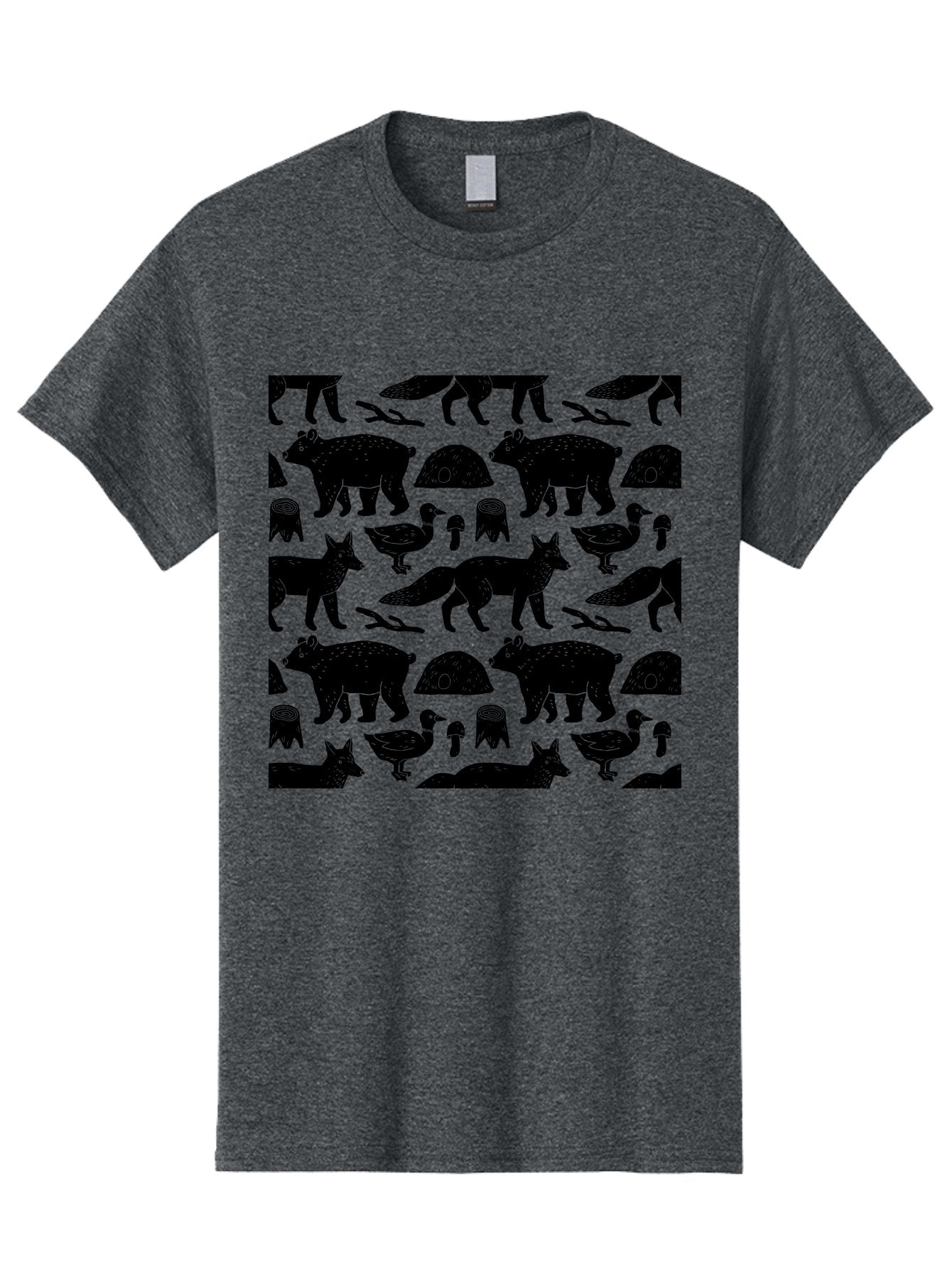 Woodland-Animal-Pattern Men'S Graphic Tee, 100% Cotton, Comfortable Casual Summer Wear, Machine Washable, Black Silhouettes Of Bears, Foxes, Birds, Mushrooms, Branches, Forest Creatures, Wildlife Pattern, Nature Design, Forest Theme, -  Aaa618 11