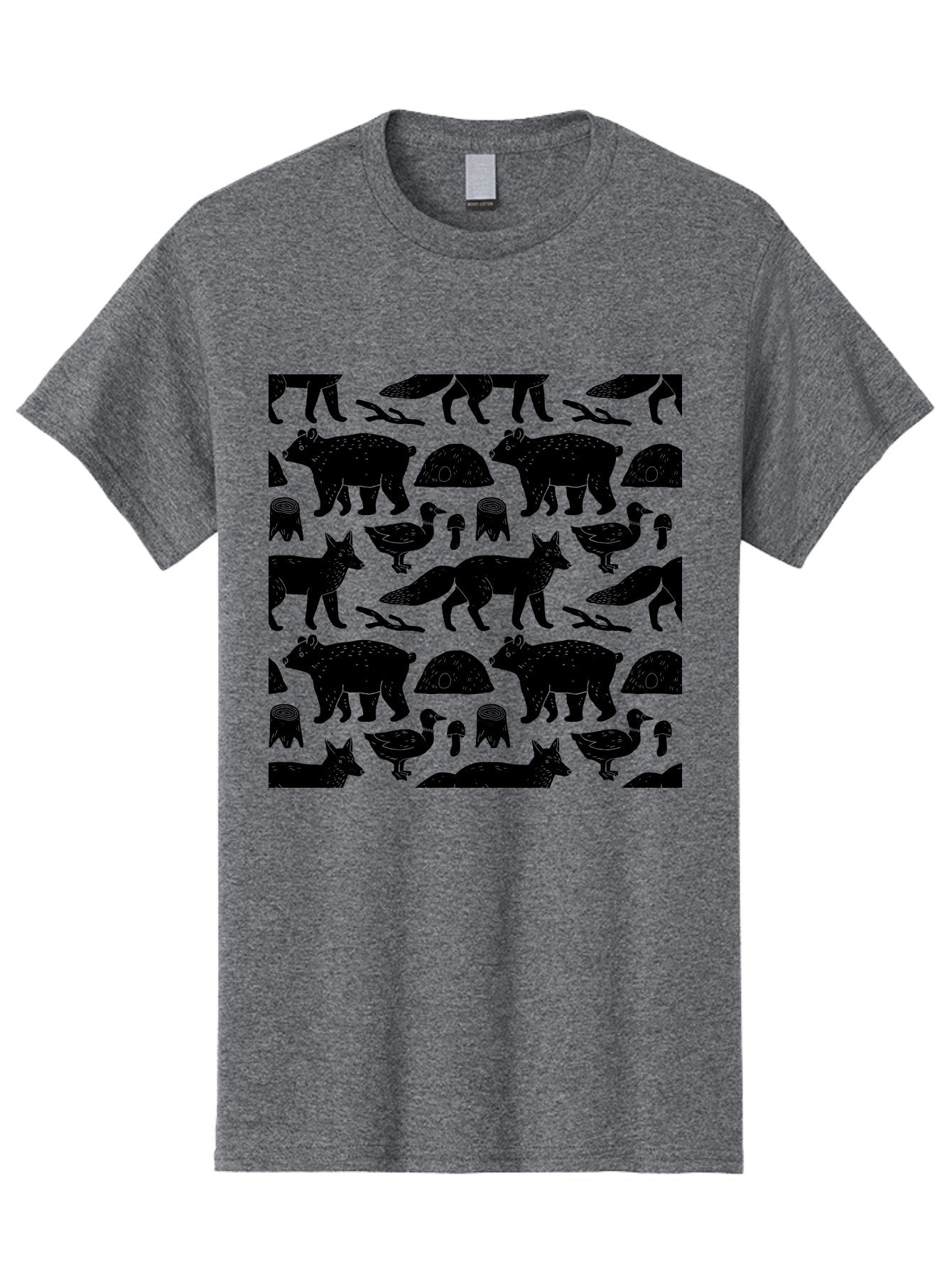 Woodland-Animal-Pattern Men'S Graphic Tee, 100% Cotton, Comfortable Casual Summer Wear, Machine Washable, Black Silhouettes Of Bears, Foxes, Birds, Mushrooms, Branches, Forest Creatures, Wildlife Pattern, Nature Design, Forest Theme, -  Aaa618 5