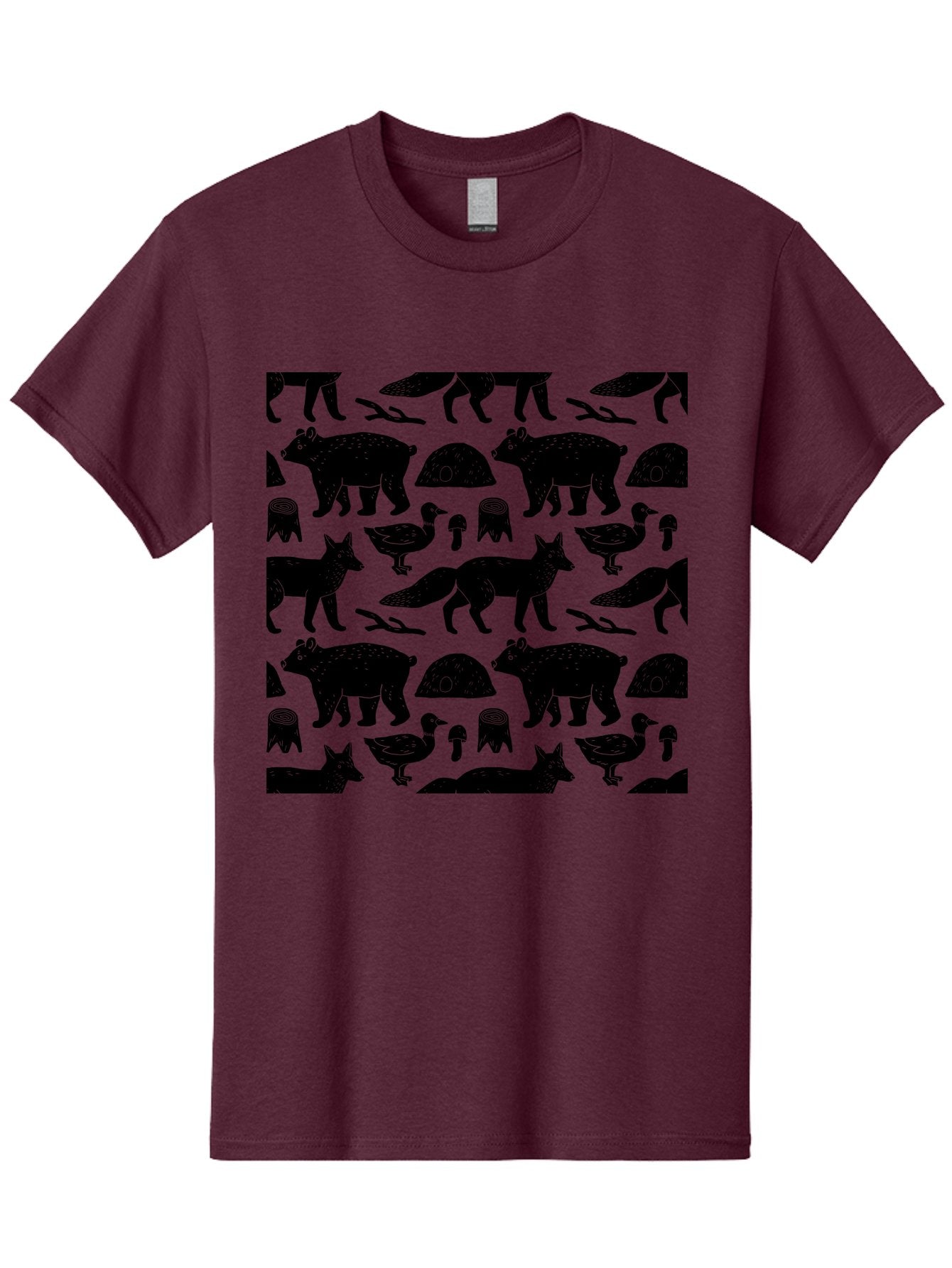 Woodland-Animal-Pattern Men'S Graphic Tee, 100% Cotton, Comfortable Casual Summer Wear, Machine Washable, Black Silhouettes Of Bears, Foxes, Birds, Mushrooms, Branches, Forest Creatures, Wildlife Pattern, Nature Design, Forest Theme, -  Aaa618 15