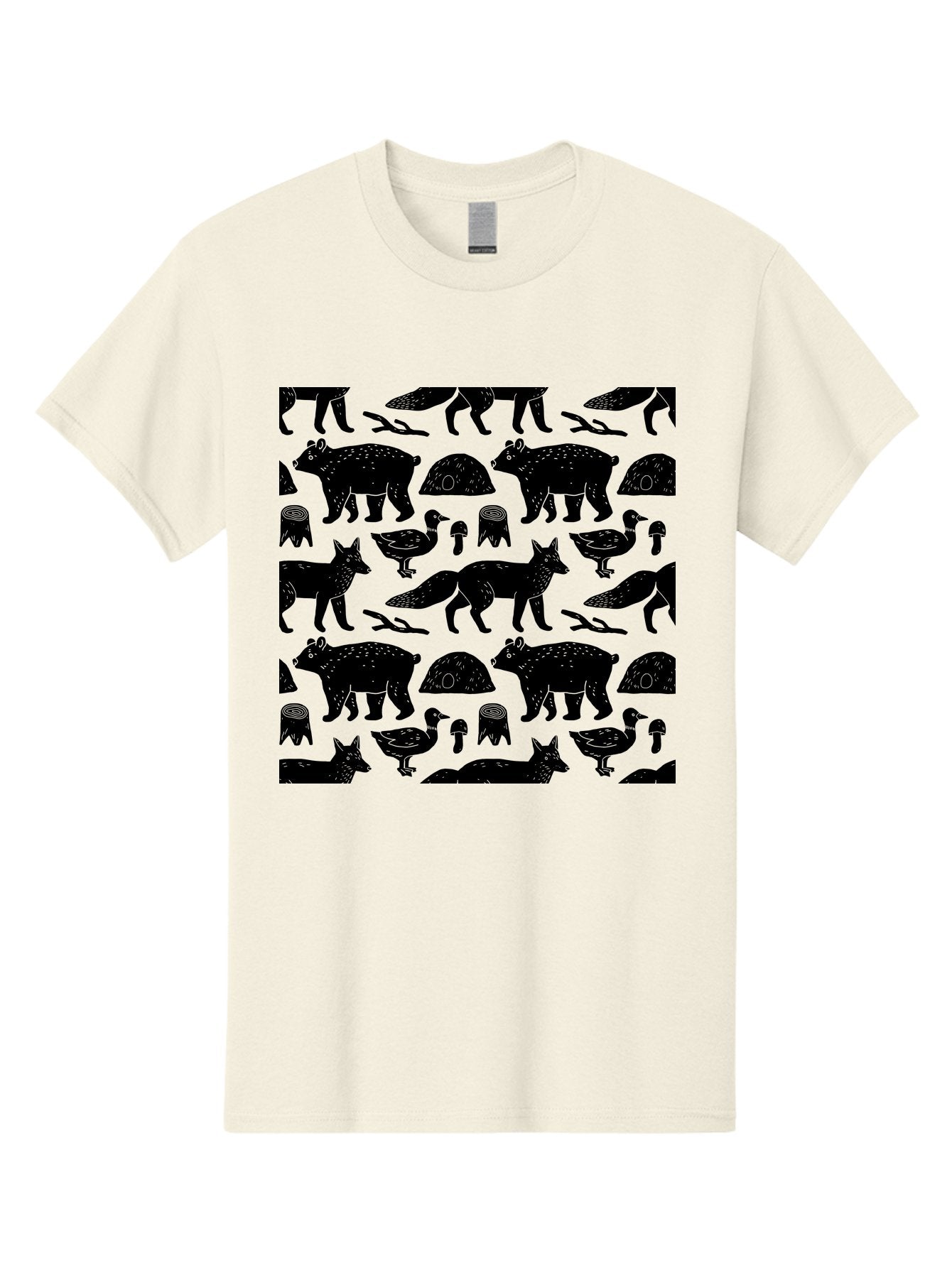 Woodland-Animal-Pattern Men'S Graphic Tee, 100% Cotton, Comfortable Casual Summer Wear, Machine Washable, Black Silhouettes Of Bears, Foxes, Birds, Mushrooms, Branches, Forest Creatures, Wildlife Pattern, Nature Design, Forest Theme, -  Aaa618 13