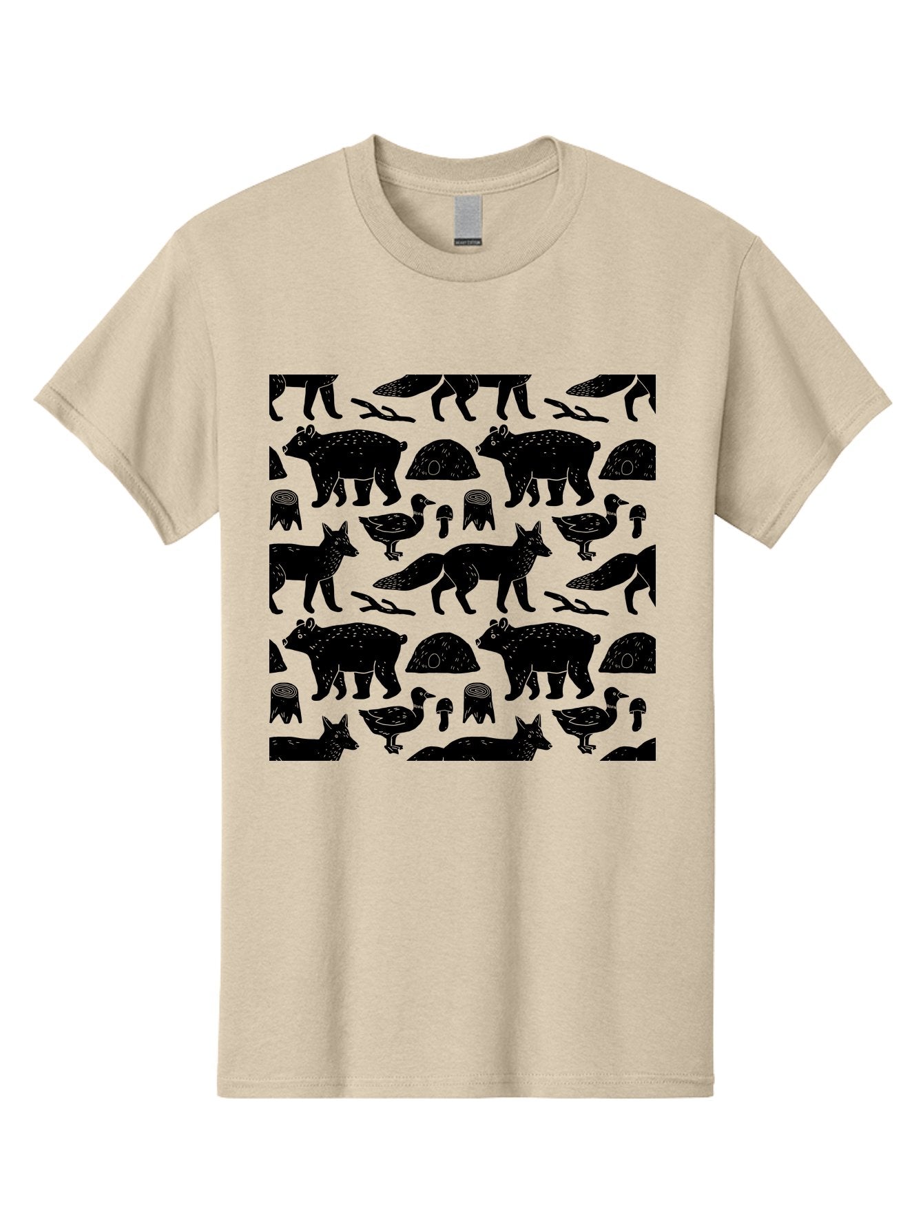 Woodland-Animal-Pattern Men'S Graphic Tee, 100% Cotton, Comfortable Casual Summer Wear, Machine Washable, Black Silhouettes Of Bears, Foxes, Birds, Mushrooms, Branches, Forest Creatures, Wildlife Pattern, Nature Design, Forest Theme, -  Aaa618